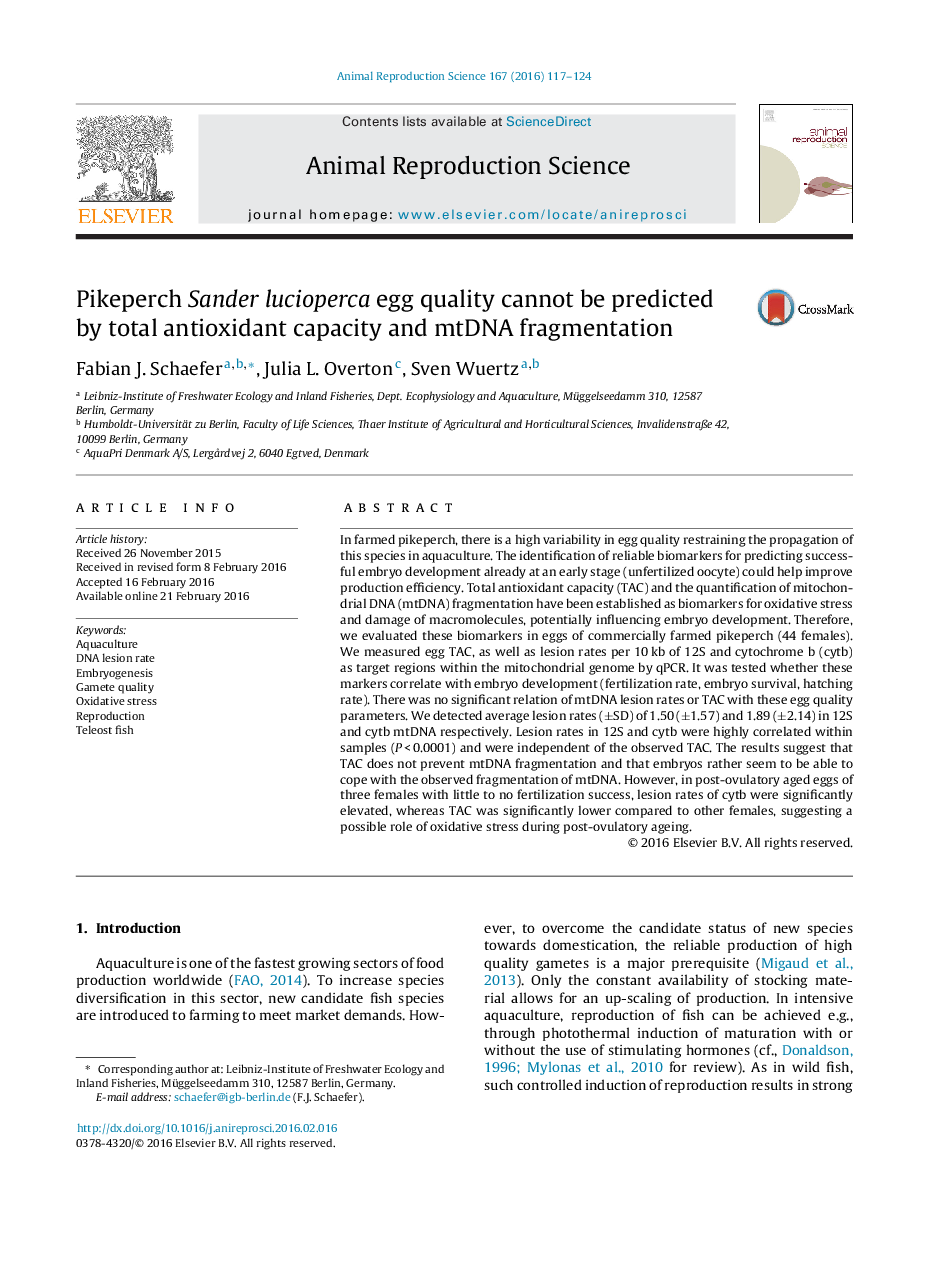 Pikeperch Sander lucioperca egg quality cannot be predicted by total antioxidant capacity and mtDNA fragmentation