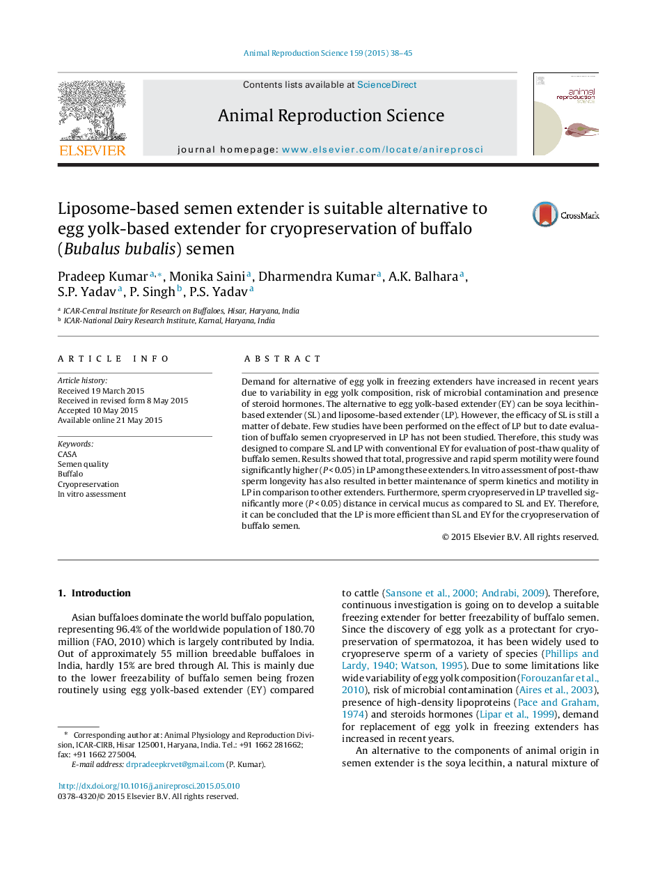 Liposome-based semen extender is suitable alternative to egg yolk-based extender for cryopreservation of buffalo (Bubalus bubalis) semen