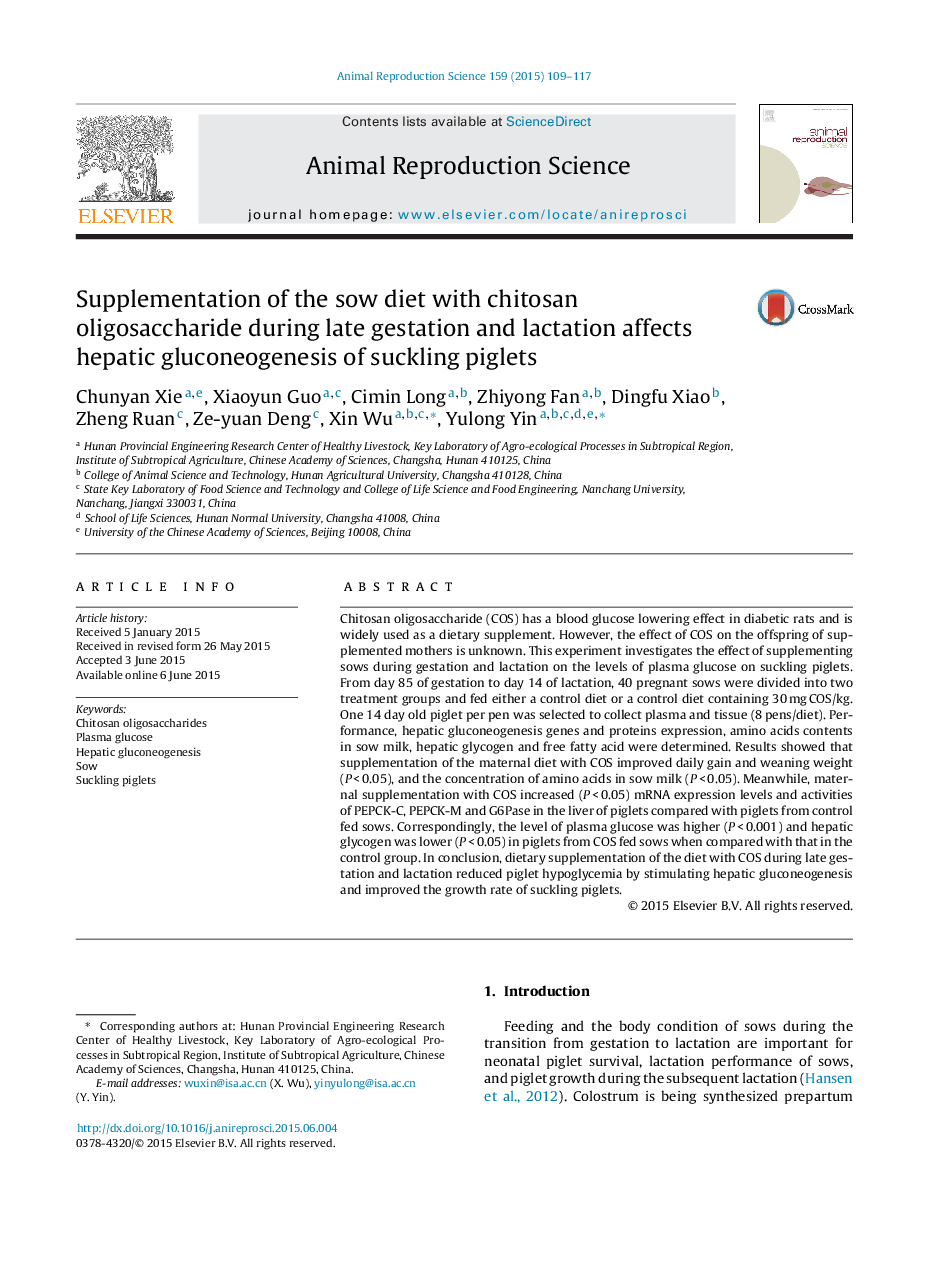 Supplementation of the sow diet with chitosan oligosaccharide during late gestation and lactation affects hepatic gluconeogenesis of suckling piglets