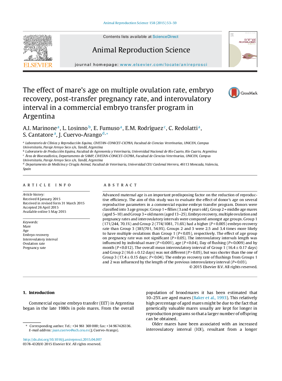 The effect of mare's age on multiple ovulation rate, embryo recovery, post-transfer pregnancy rate, and interovulatory interval in a commercial embryo transfer program in Argentina