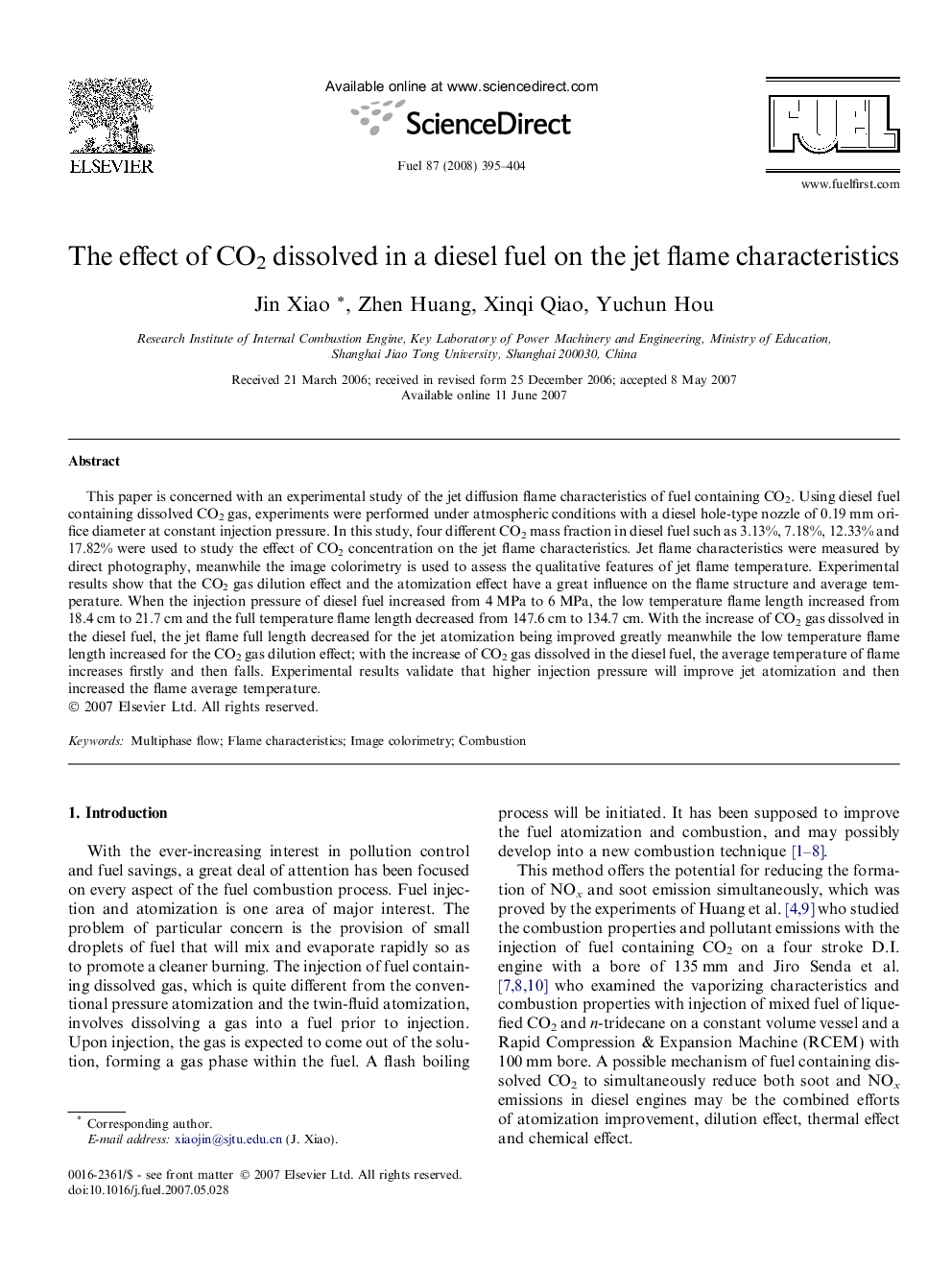 The effect of CO2 dissolved in a diesel fuel on the jet flame characteristics