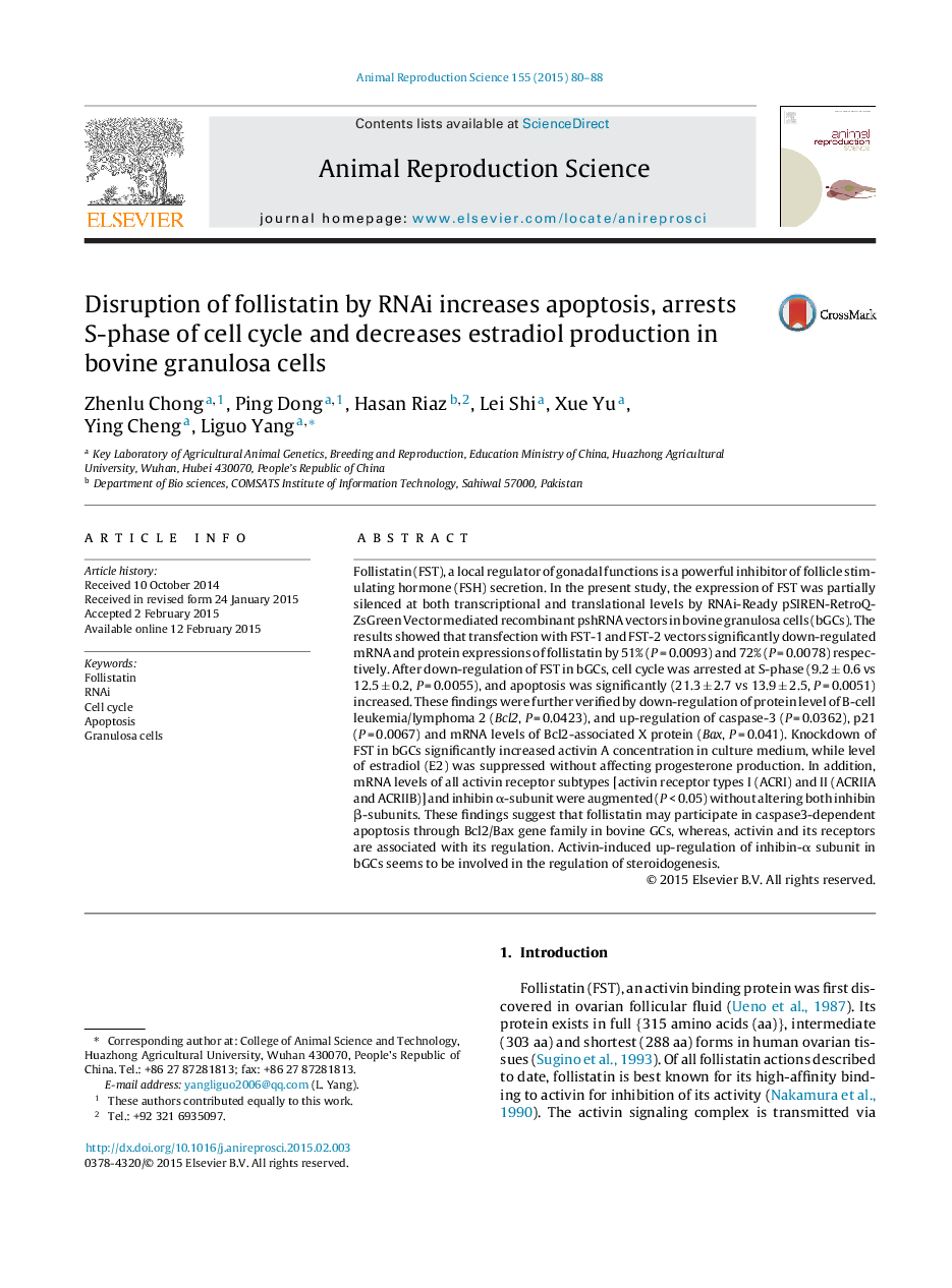 Disruption of follistatin by RNAi increases apoptosis, arrests S-phase of cell cycle and decreases estradiol production in bovine granulosa cells