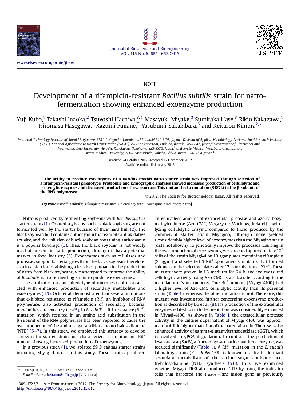 Development of a rifampicin-resistant Bacillus subtilis strain for natto-fermentation showing enhanced exoenzyme production