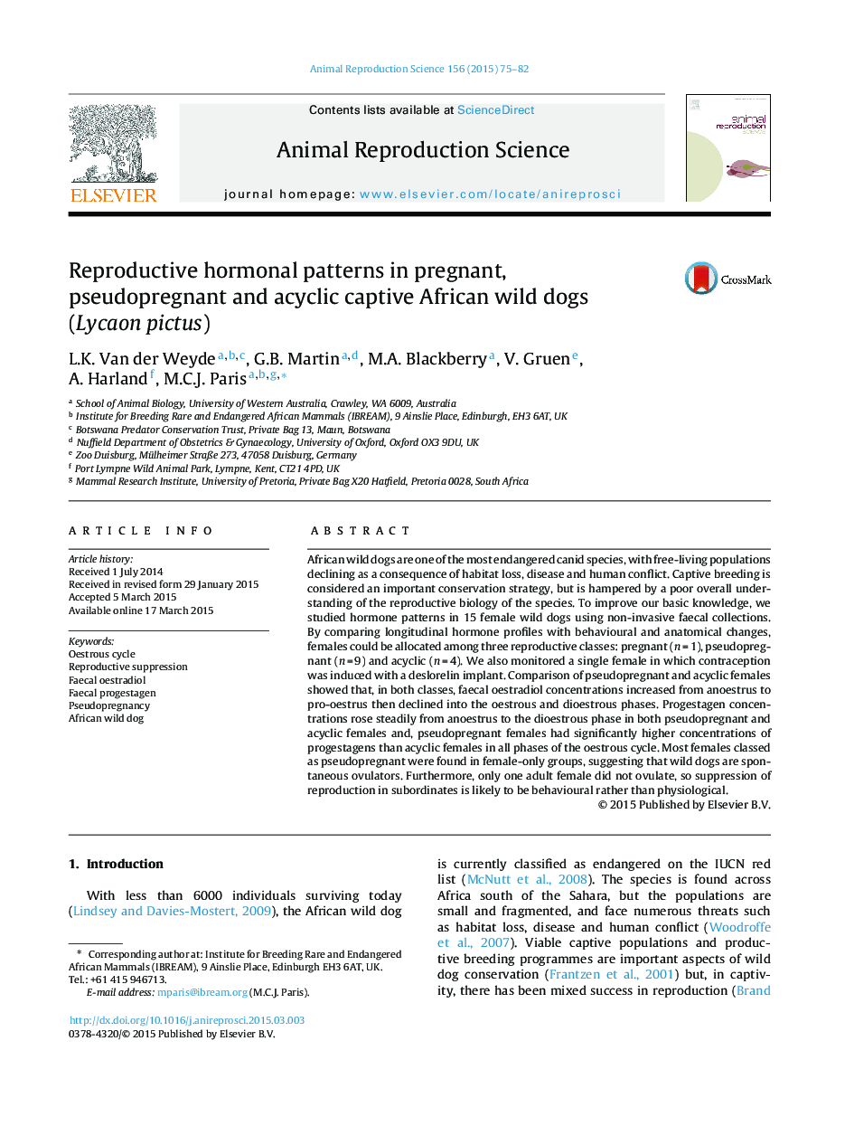 Reproductive hormonal patterns in pregnant, pseudopregnant and acyclic captive African wild dogs (Lycaon pictus)