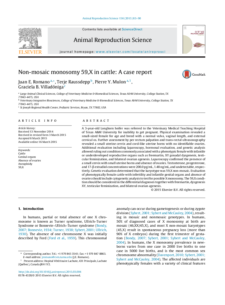 Non-mosaic monosomy 59,X in cattle: A case report