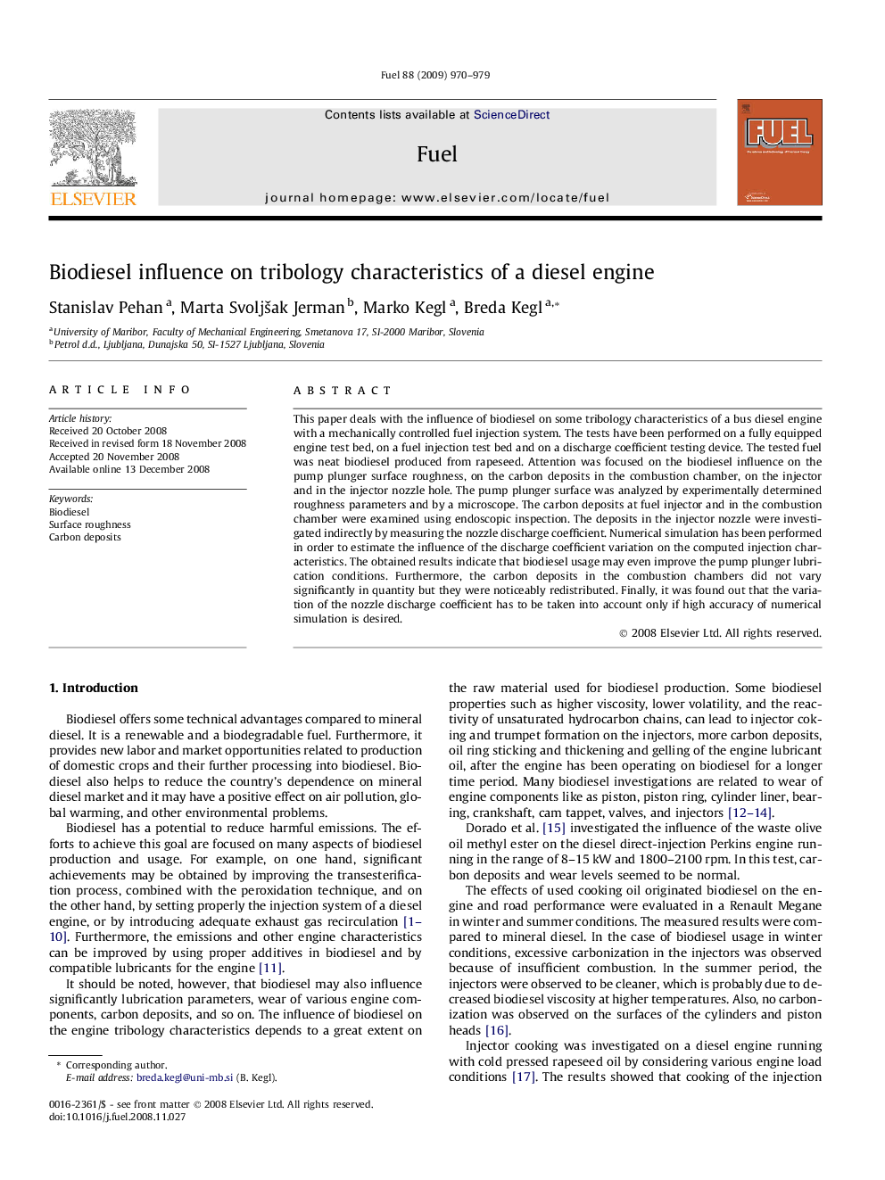 Biodiesel influence on tribology characteristics of a diesel engine