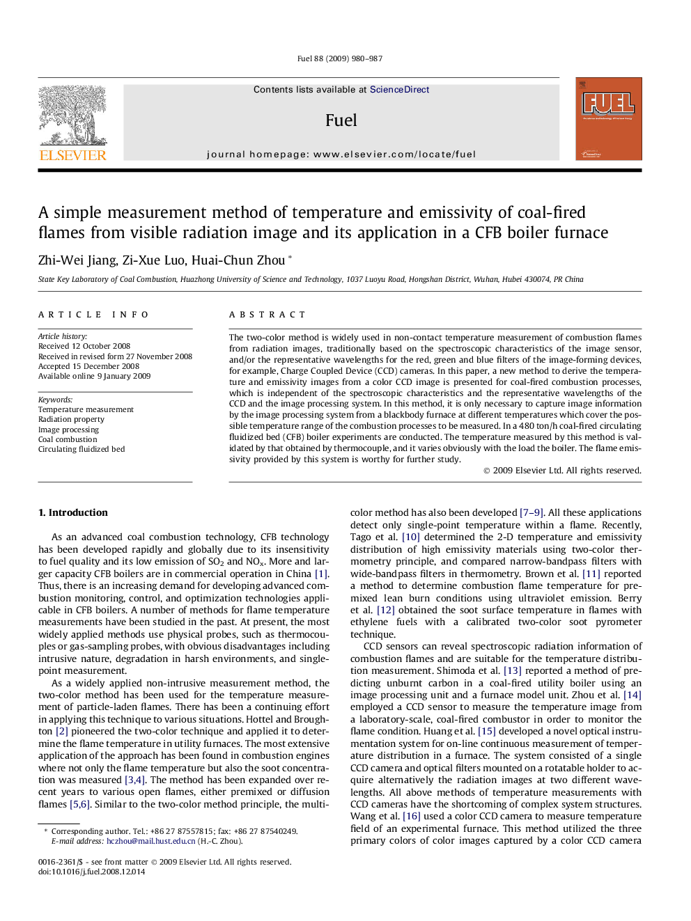 A simple measurement method of temperature and emissivity of coal-fired flames from visible radiation image and its application in a CFB boiler furnace