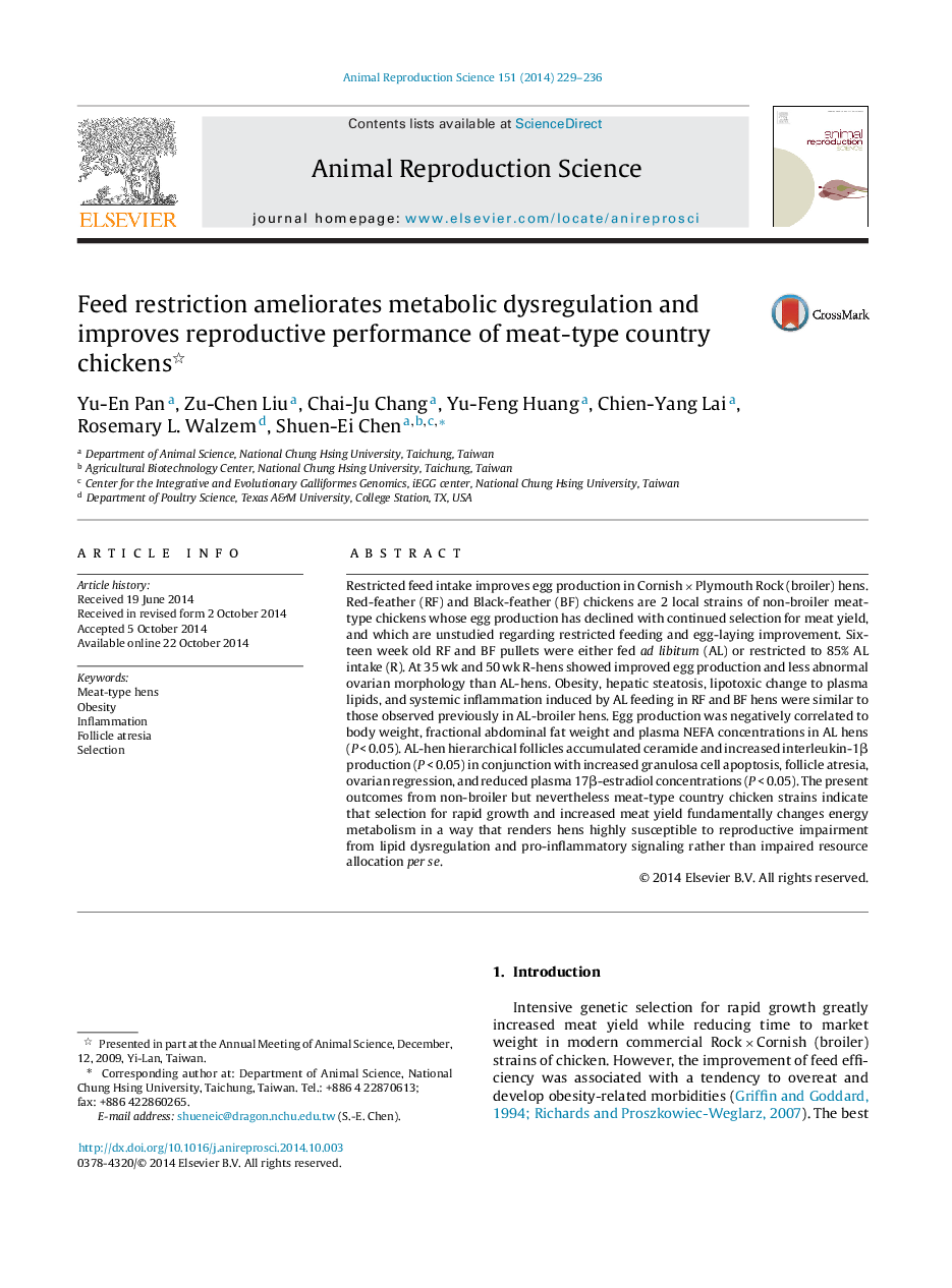 Feed restriction ameliorates metabolic dysregulation and improves reproductive performance of meat-type country chickens 