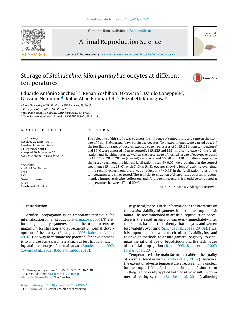 Storage of Steindachneridion parahybae oocytes at different temperatures