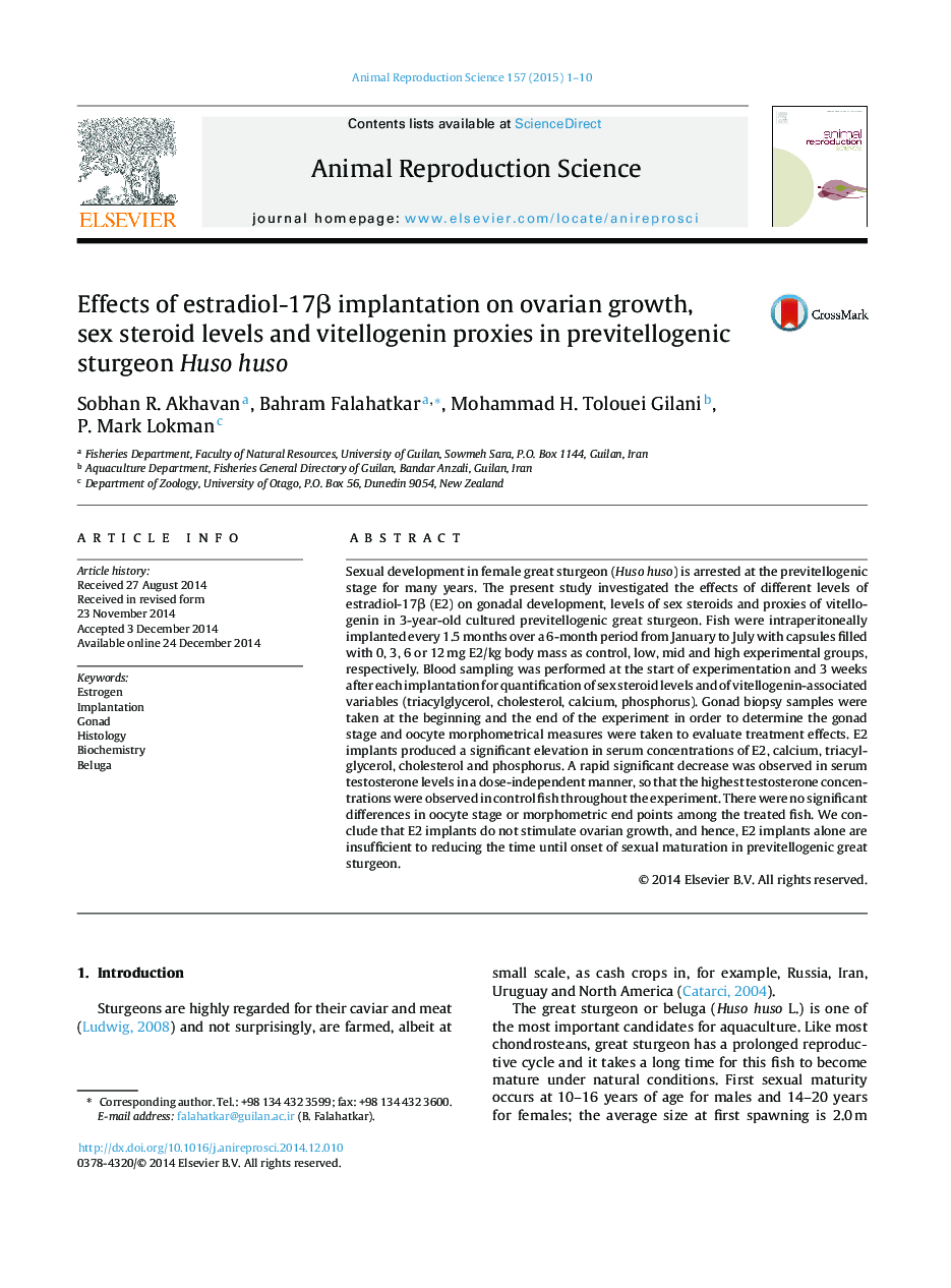 Effects of estradiol-17β implantation on ovarian growth, sex steroid levels and vitellogenin proxies in previtellogenic sturgeon Huso huso