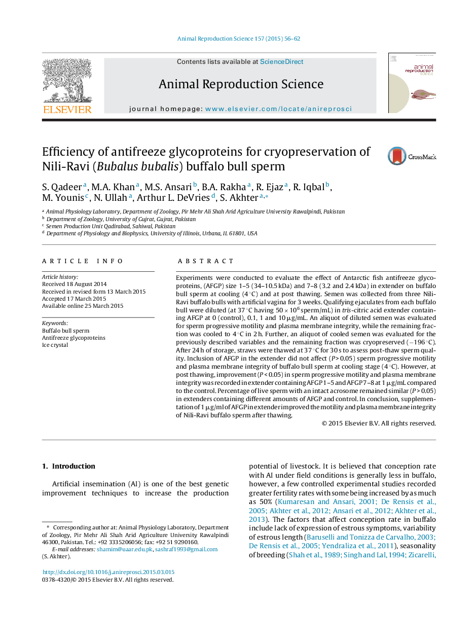 Efficiency of antifreeze glycoproteins for cryopreservation of Nili-Ravi (Bubalus bubalis) buffalo bull sperm