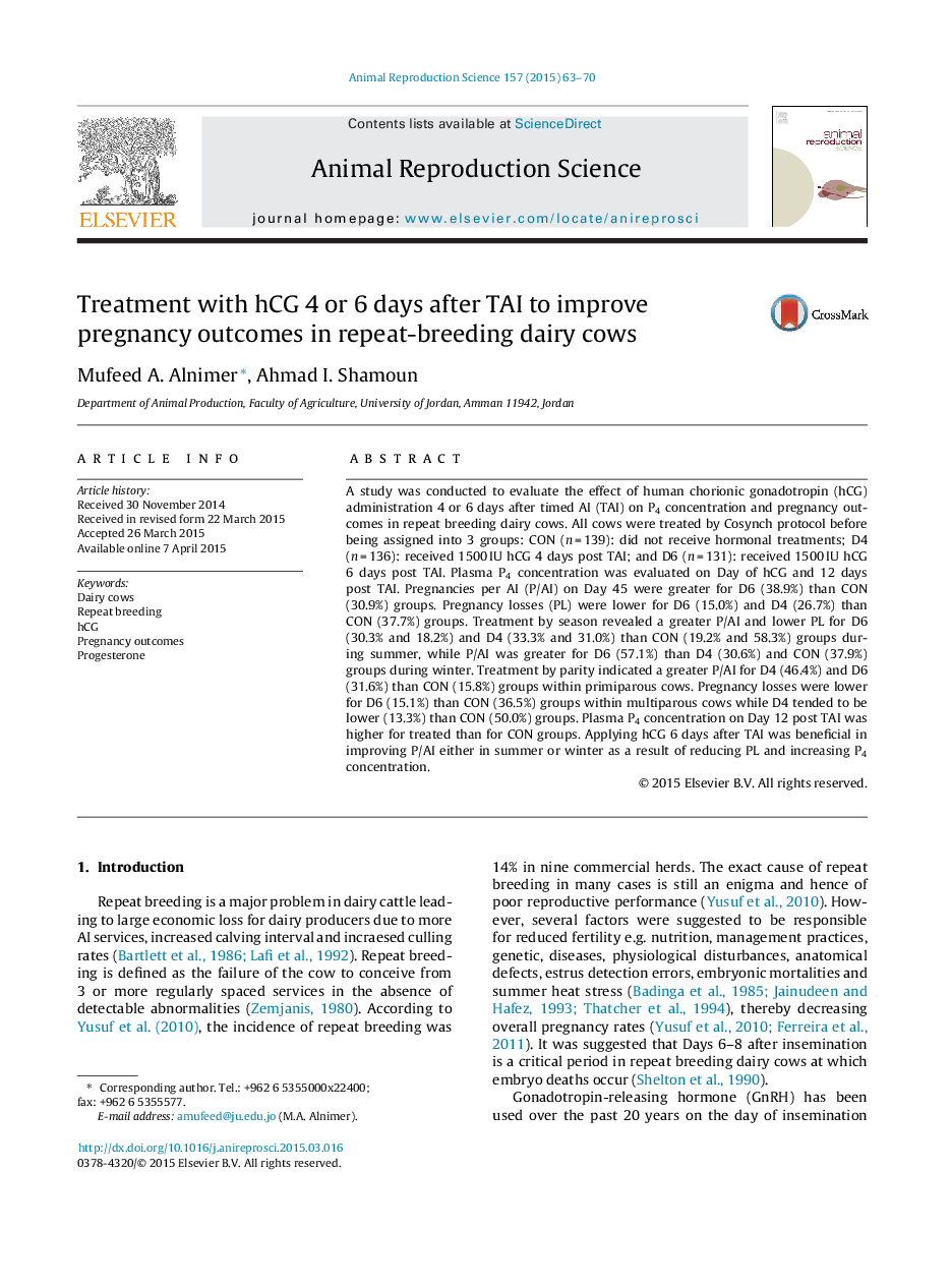 Treatment with hCG 4 or 6 days after TAI to improve pregnancy outcomes in repeat-breeding dairy cows