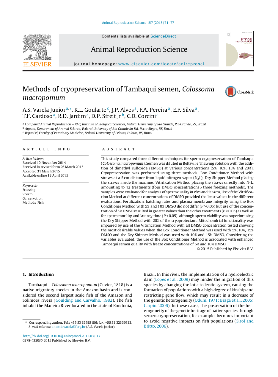 Methods of cryopreservation of Tambaqui semen, Colossoma macropomum