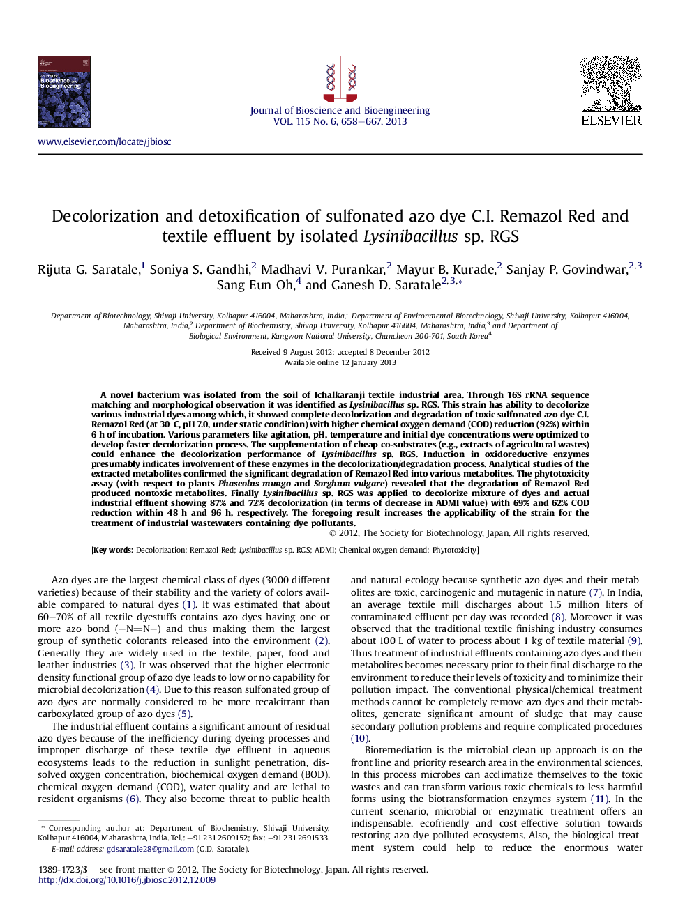 Decolorization and detoxification of sulfonated azo dye C.I. Remazol Red and textile effluent by isolated Lysinibacillus sp. RGS