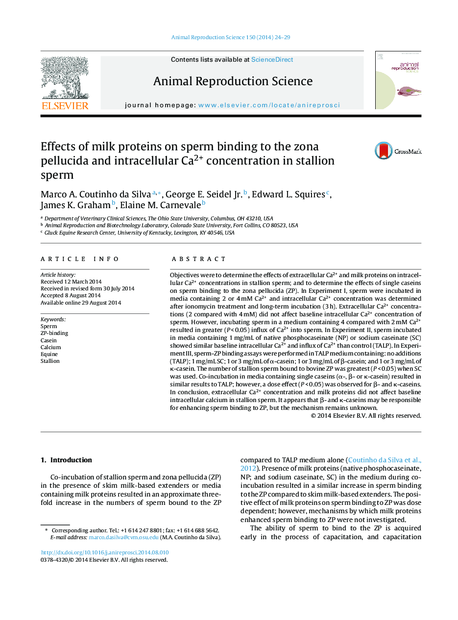 Effects of milk proteins on sperm binding to the zona pellucida and intracellular Ca2+ concentration in stallion sperm