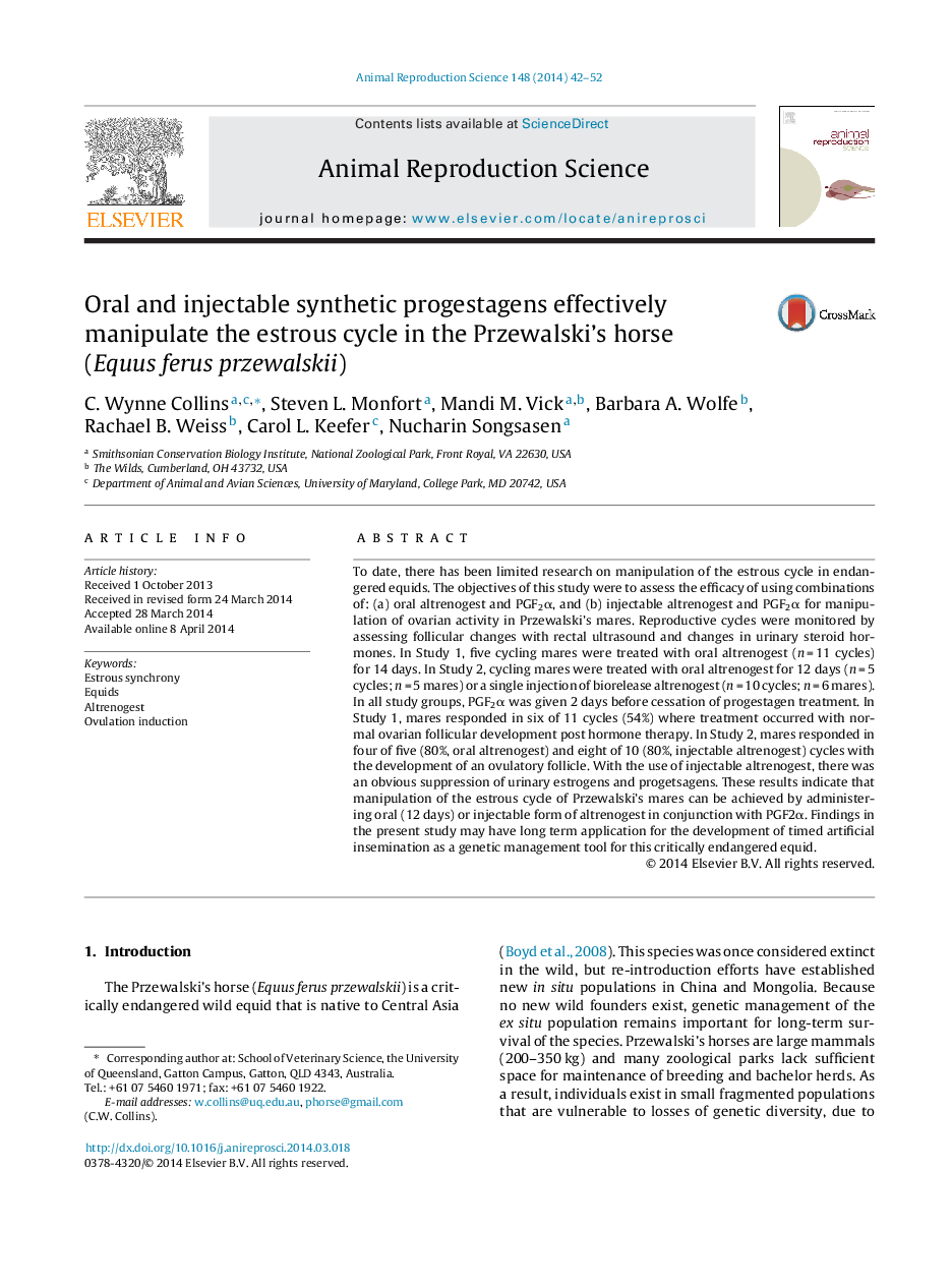 Oral and injectable synthetic progestagens effectively manipulate the estrous cycle in the Przewalski's horse (Equus ferus przewalskii)