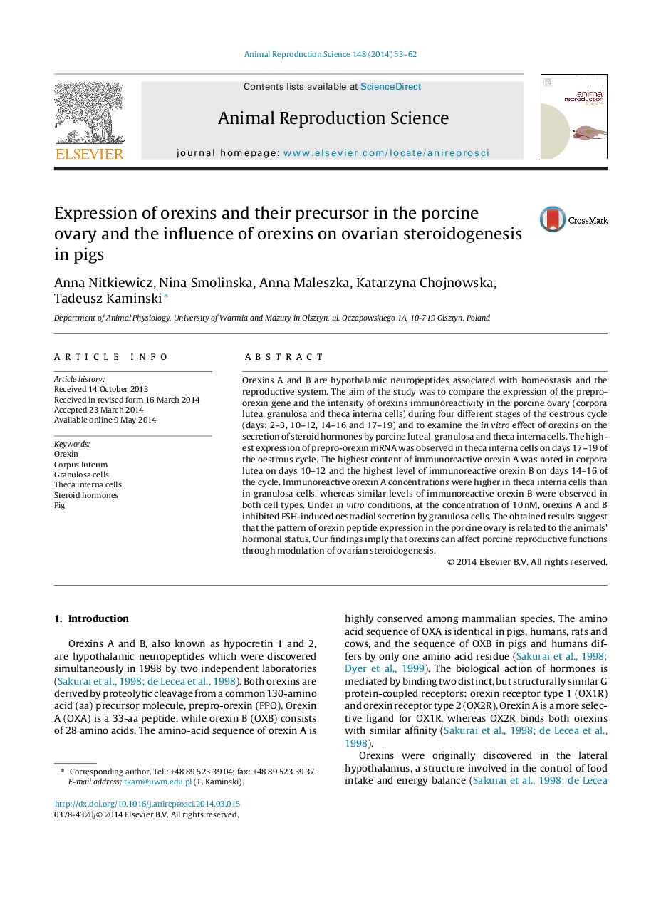 Expression of orexins and their precursor in the porcine ovary and the influence of orexins on ovarian steroidogenesis in pigs