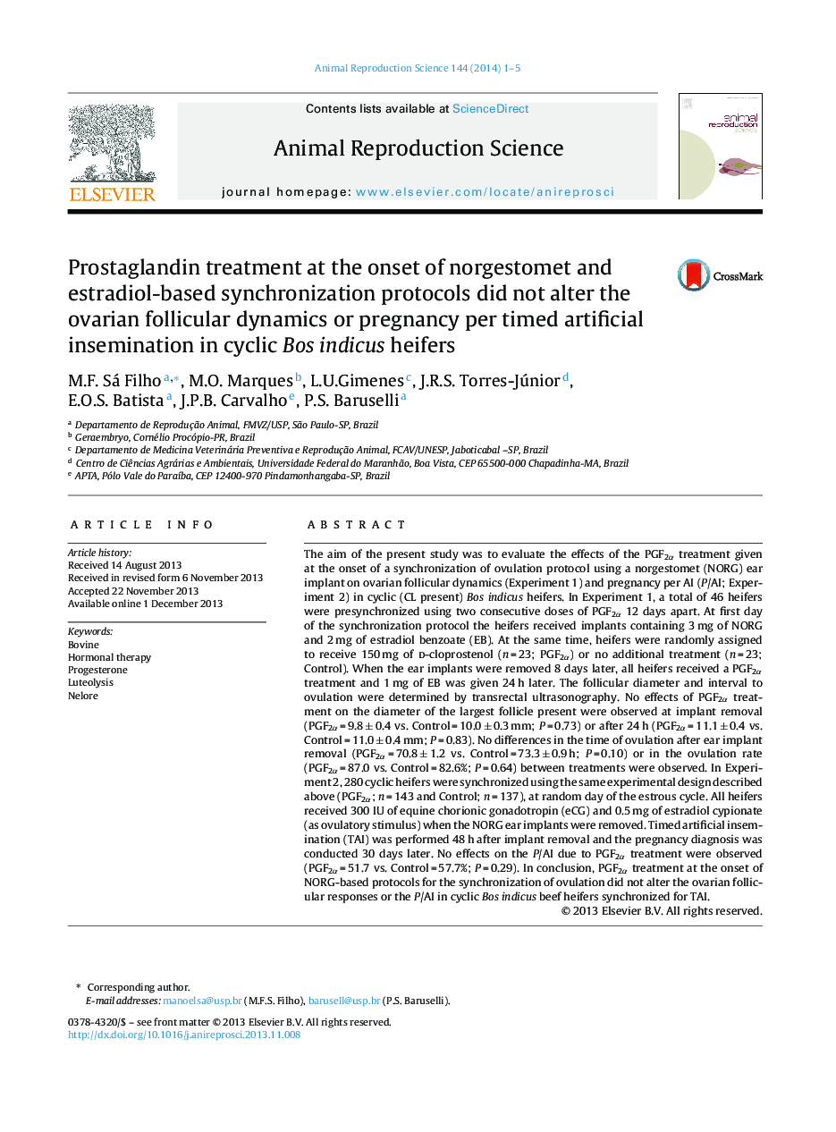 Prostaglandin treatment at the onset of norgestomet and estradiol-based synchronization protocols did not alter the ovarian follicular dynamics or pregnancy per timed artificial insemination in cyclic Bos indicus heifers