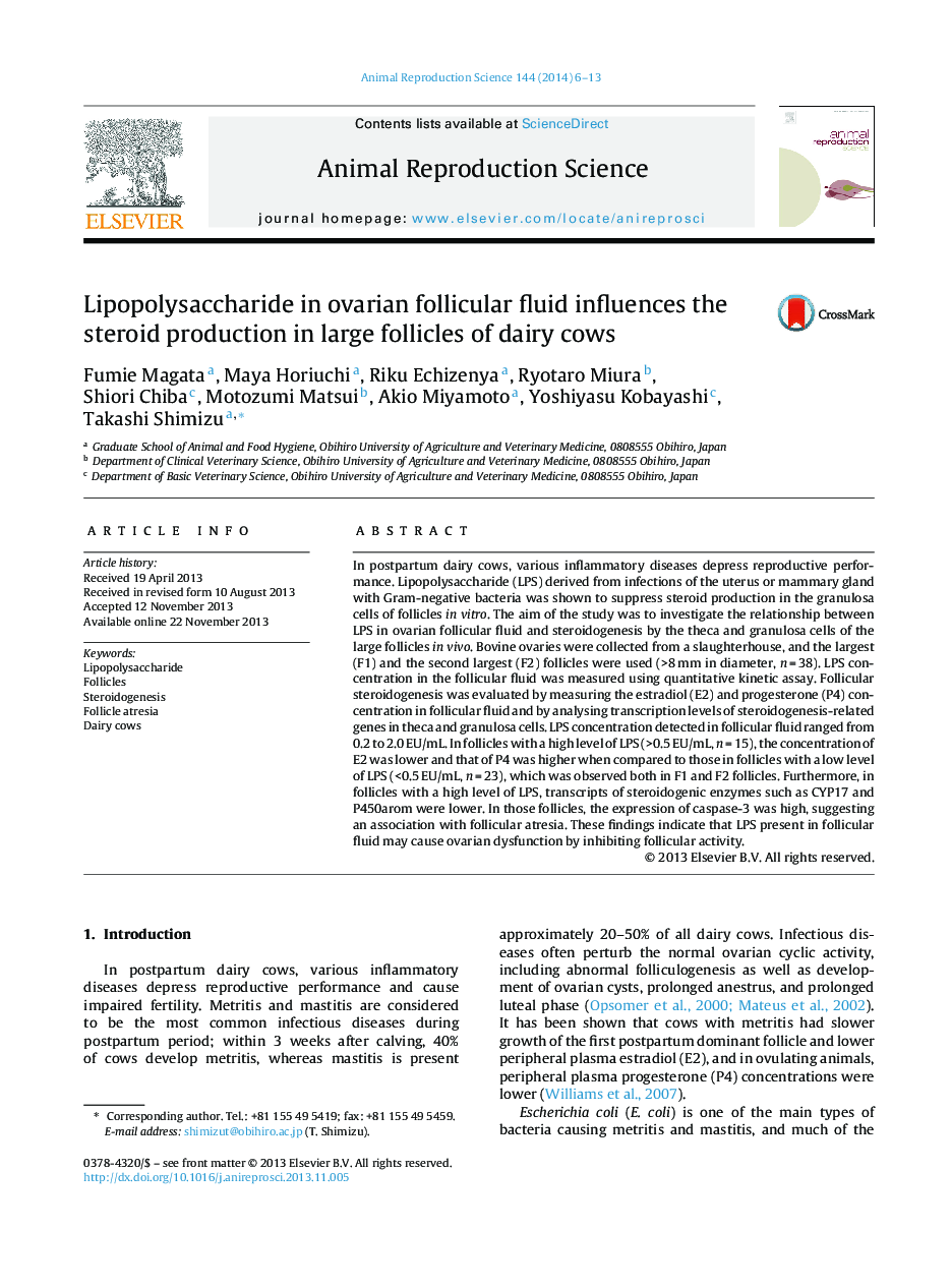 Lipopolysaccharide in ovarian follicular fluid influences the steroid production in large follicles of dairy cows