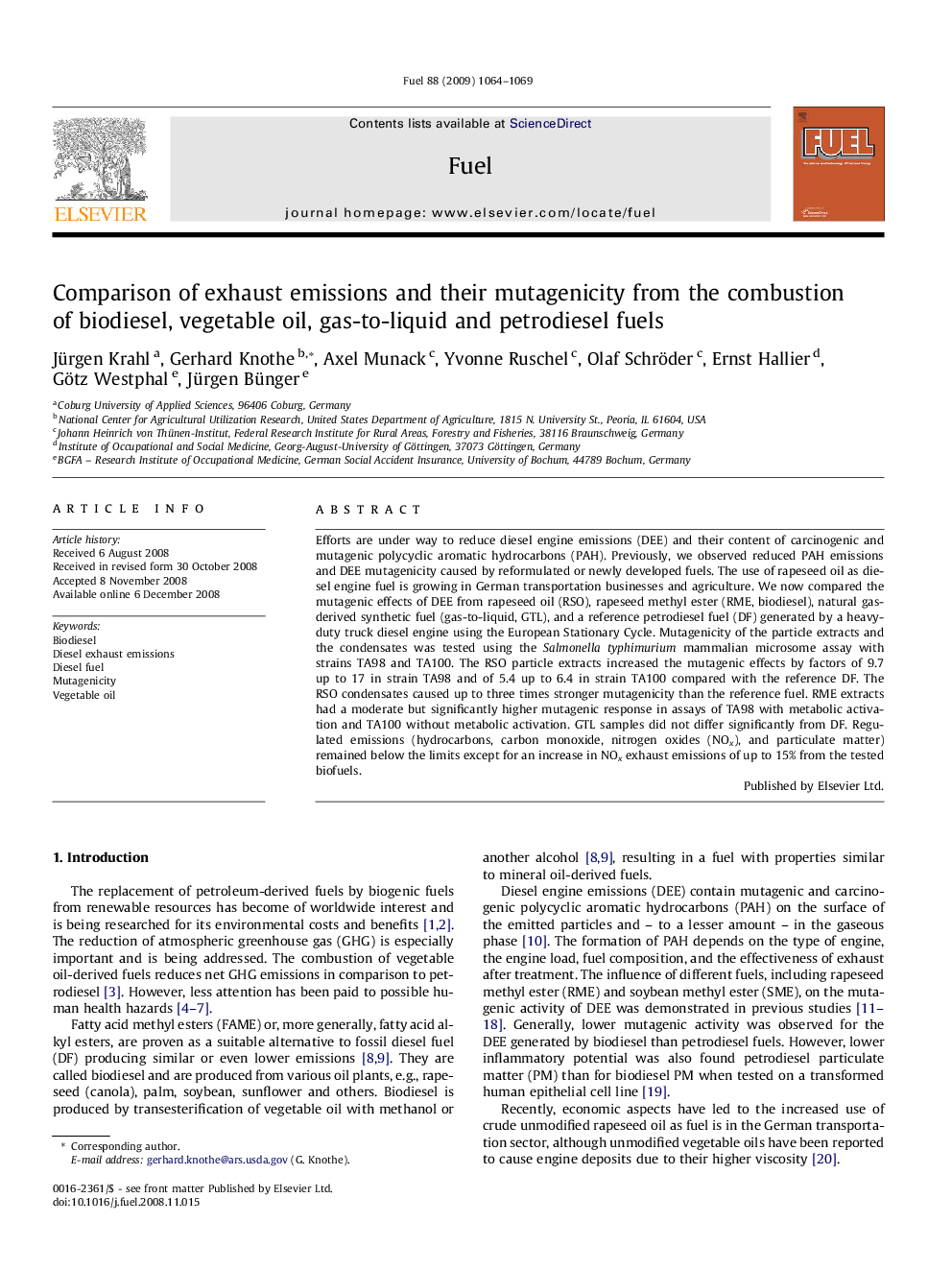 Comparison of exhaust emissions and their mutagenicity from the combustion of biodiesel, vegetable oil, gas-to-liquid and petrodiesel fuels