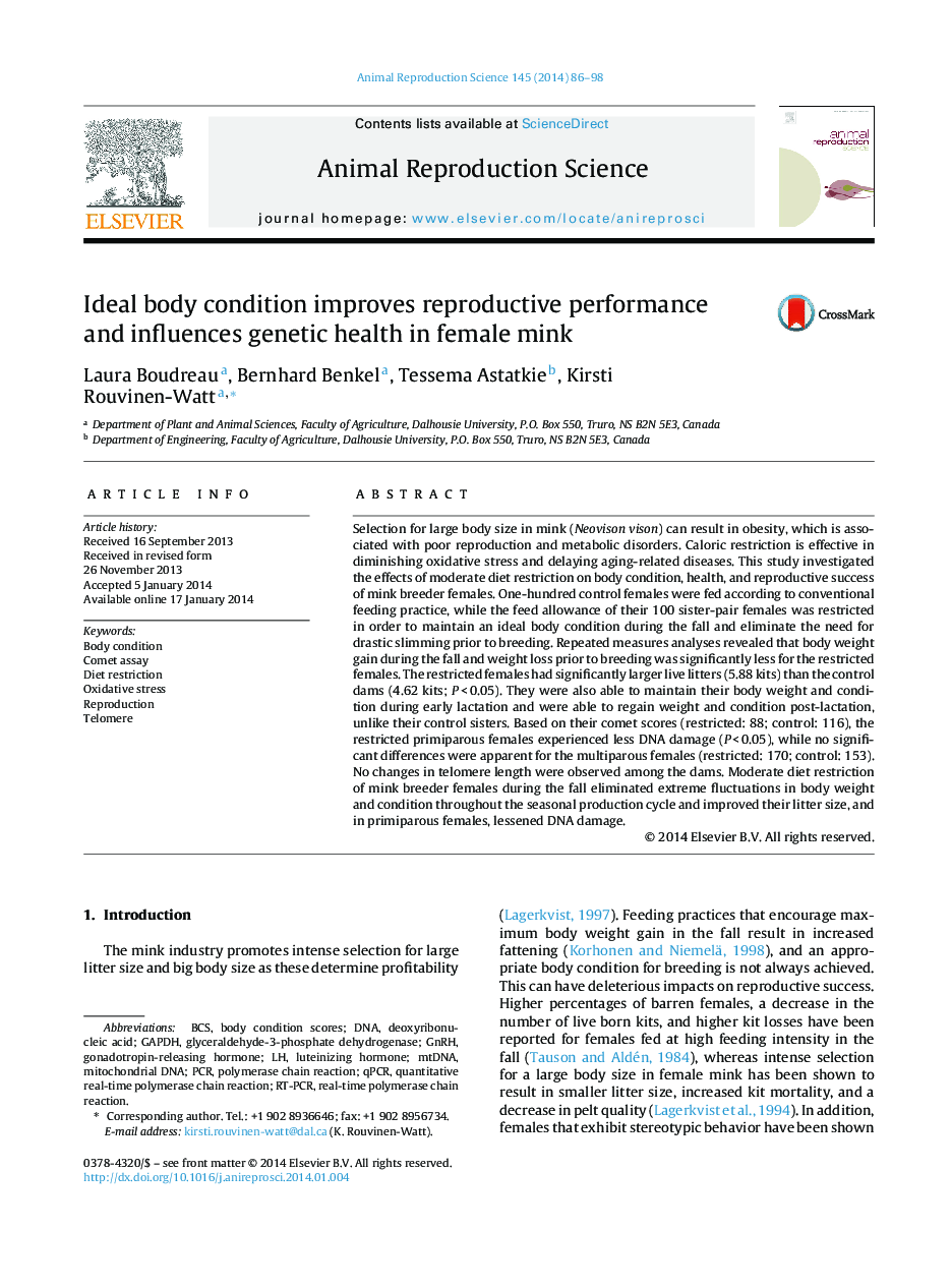 Ideal body condition improves reproductive performance and influences genetic health in female mink