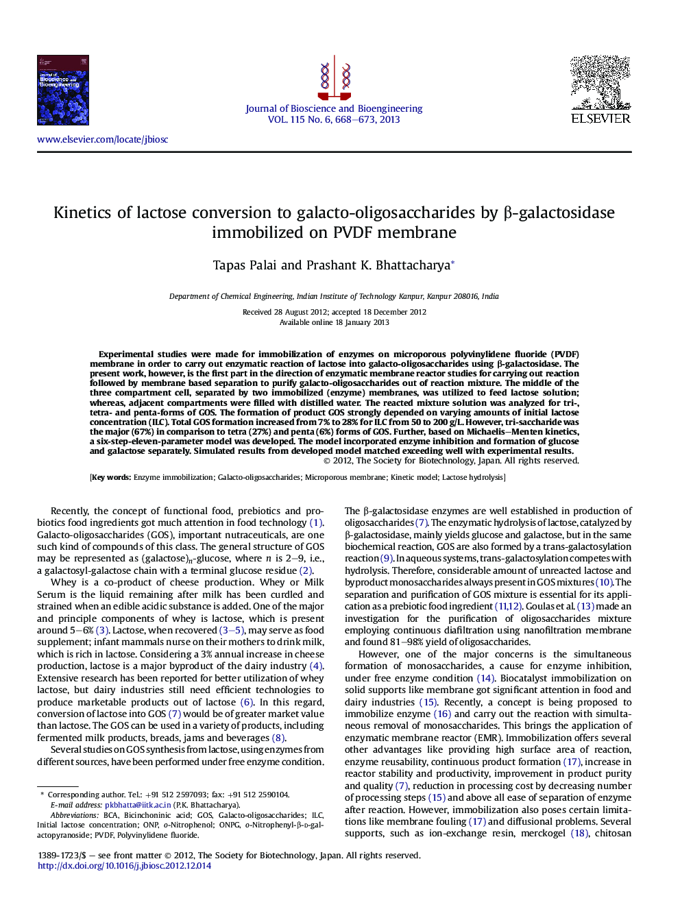 Kinetics of lactose conversion to galacto-oligosaccharides by β-galactosidase immobilized on PVDF membrane