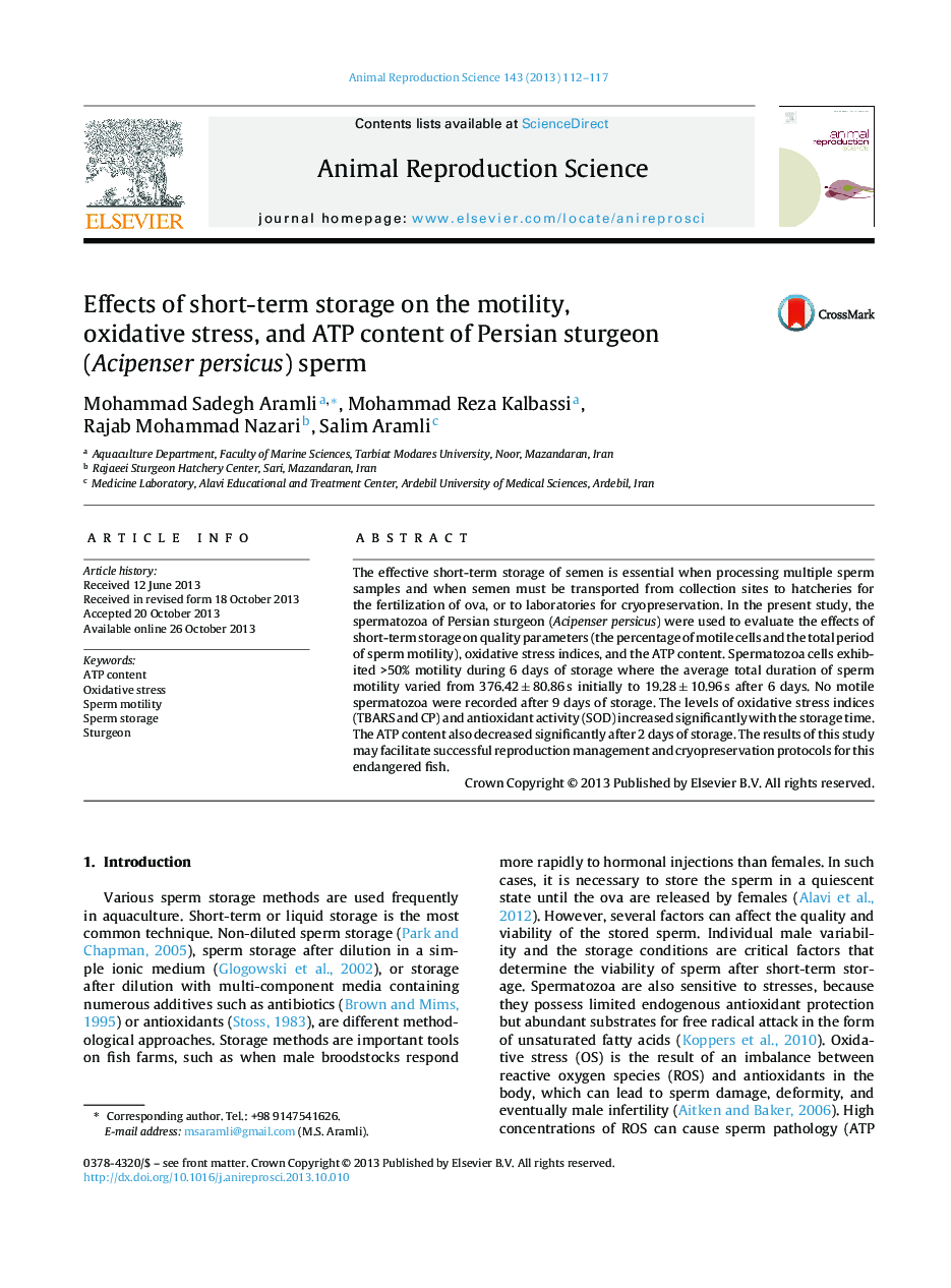 Effects of short-term storage on the motility, oxidative stress, and ATP content of Persian sturgeon (Acipenser persicus) sperm