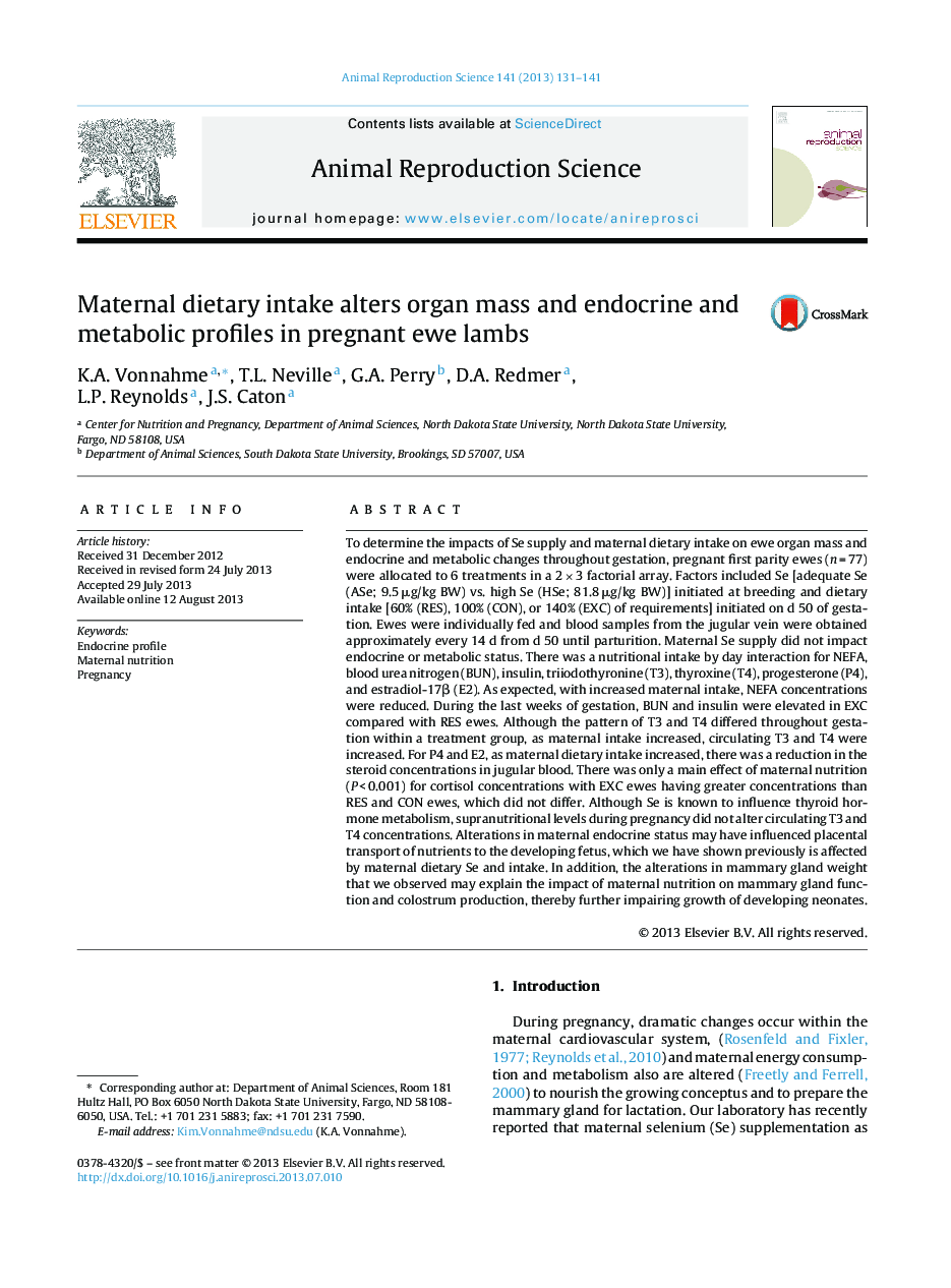 Maternal dietary intake alters organ mass and endocrine and metabolic profiles in pregnant ewe lambs