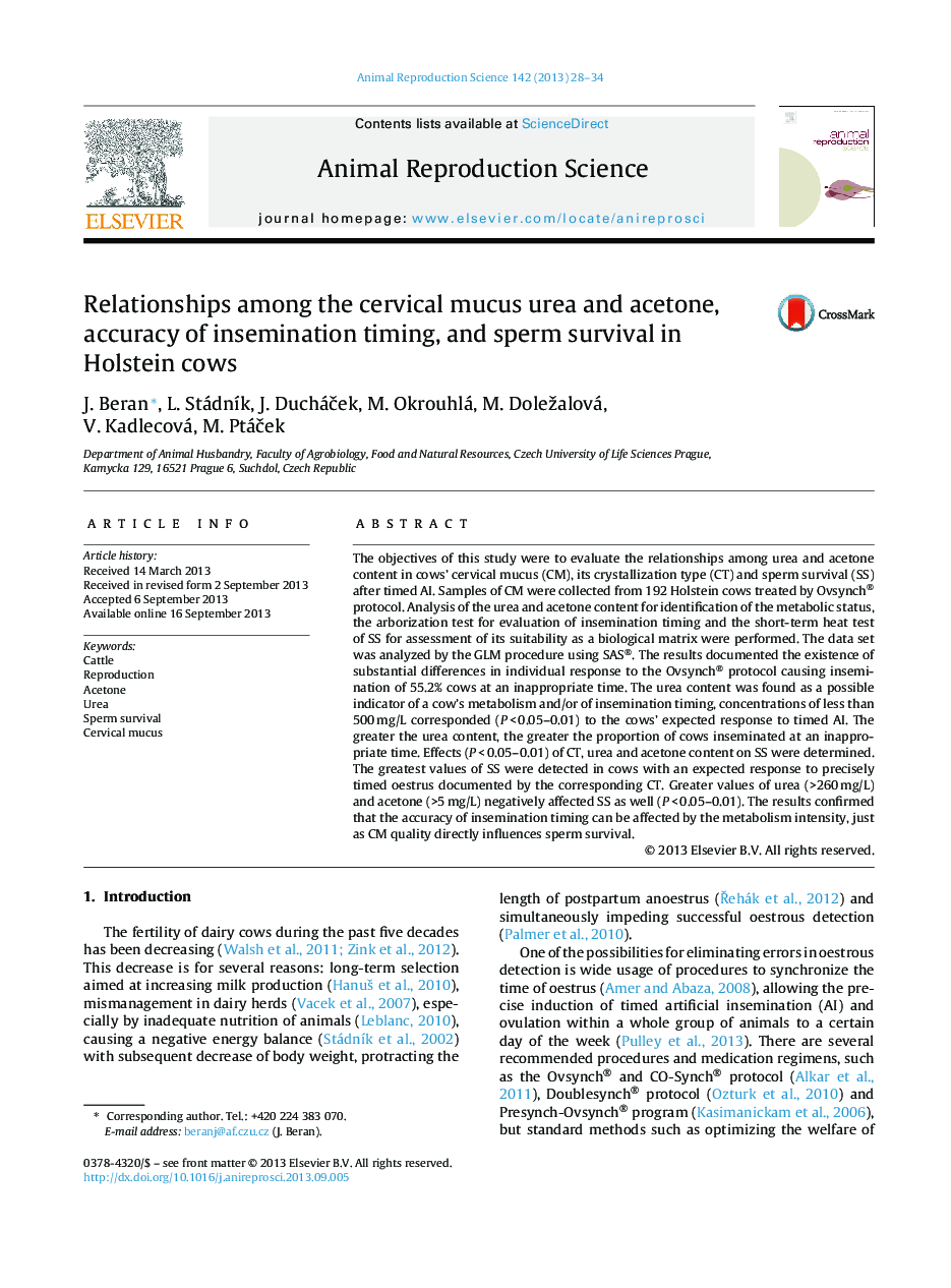 Relationships among the cervical mucus urea and acetone, accuracy of insemination timing, and sperm survival in Holstein cows