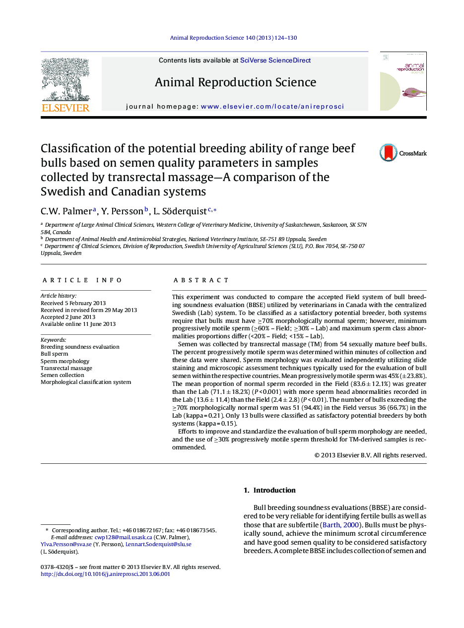 Classification of the potential breeding ability of range beef bulls based on semen quality parameters in samples collected by transrectal massage—A comparison of the Swedish and Canadian systems