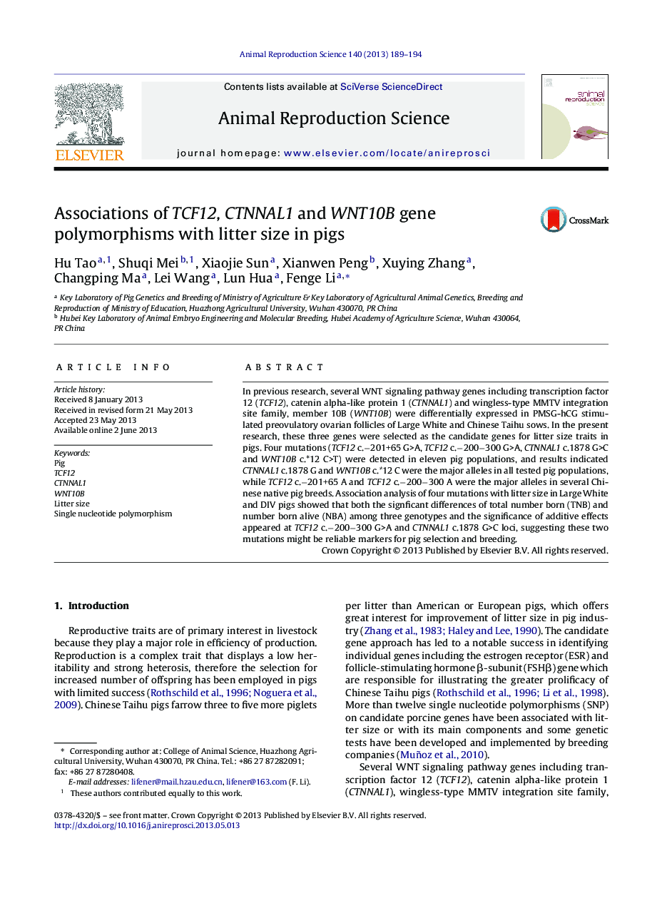 Associations of TCF12, CTNNAL1 and WNT10B gene polymorphisms with litter size in pigs