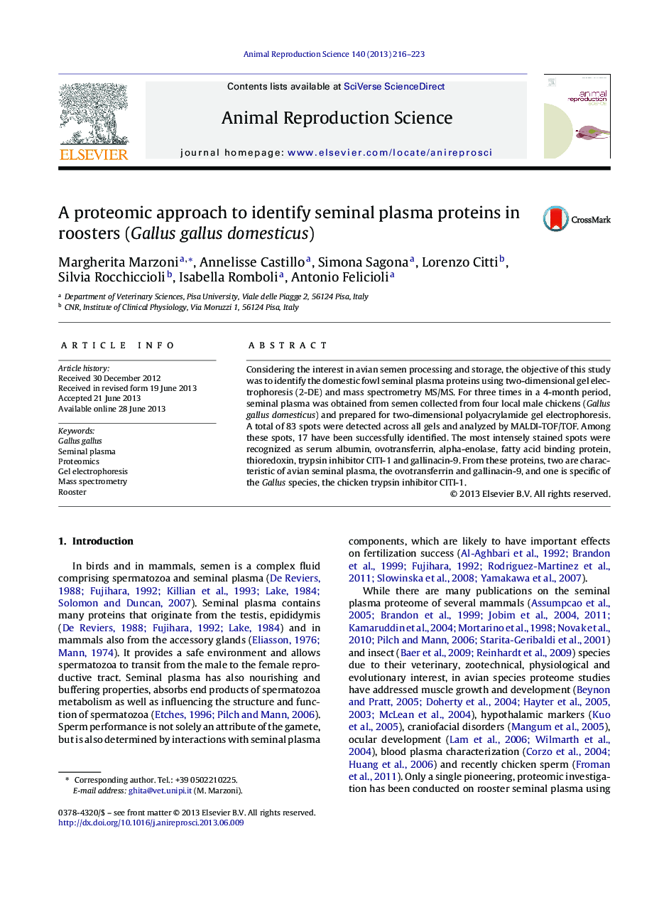 A proteomic approach to identify seminal plasma proteins in roosters (Gallus gallus domesticus)