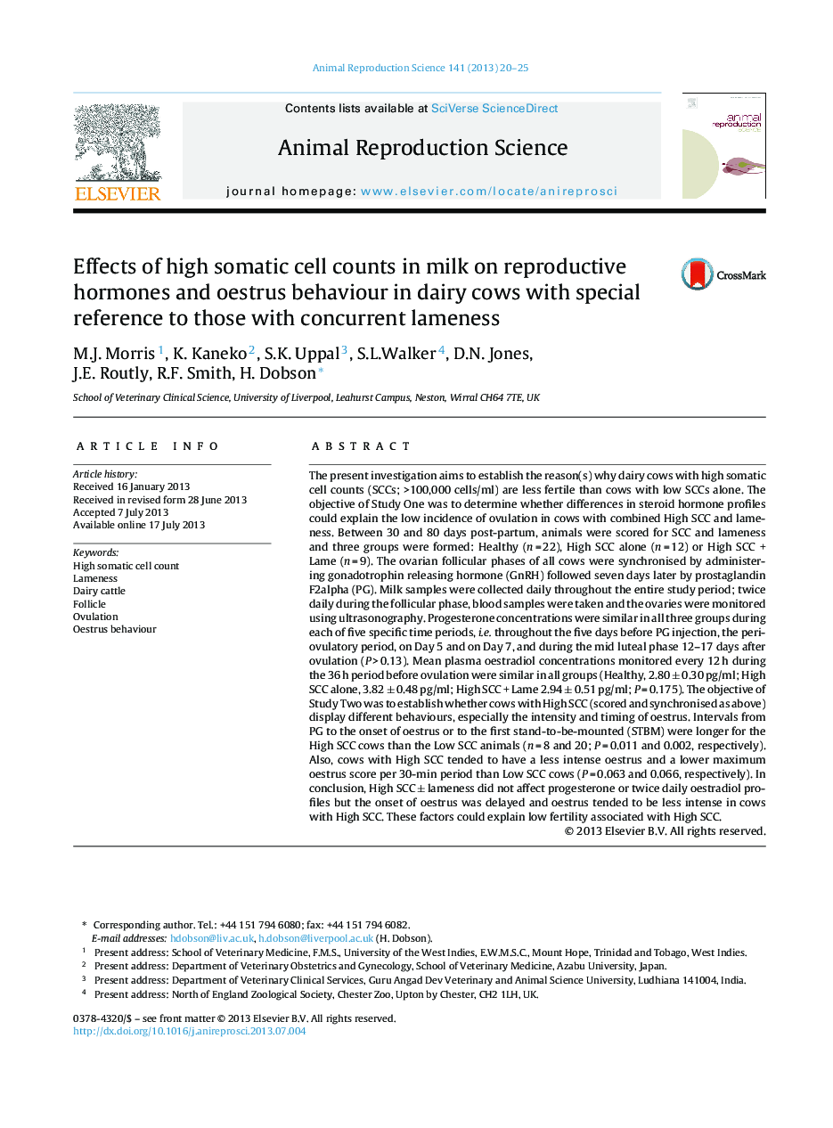 Effects of high somatic cell counts in milk on reproductive hormones and oestrus behaviour in dairy cows with special reference to those with concurrent lameness