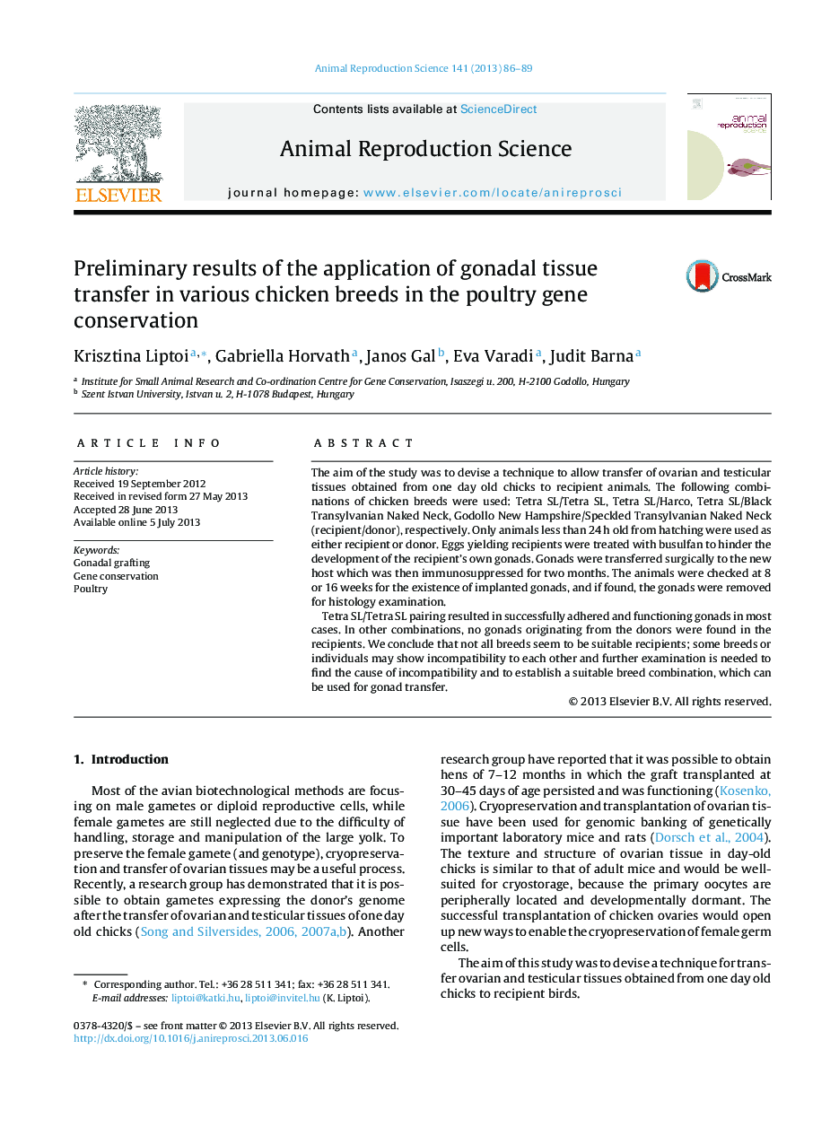 Preliminary results of the application of gonadal tissue transfer in various chicken breeds in the poultry gene conservation