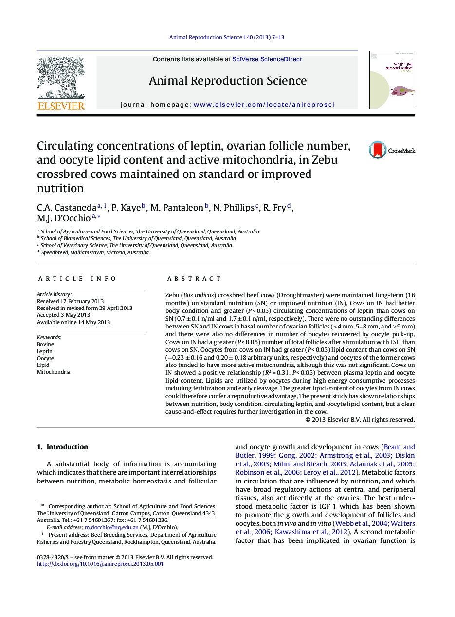 Circulating concentrations of leptin, ovarian follicle number, and oocyte lipid content and active mitochondria, in Zebu crossbred cows maintained on standard or improved nutrition