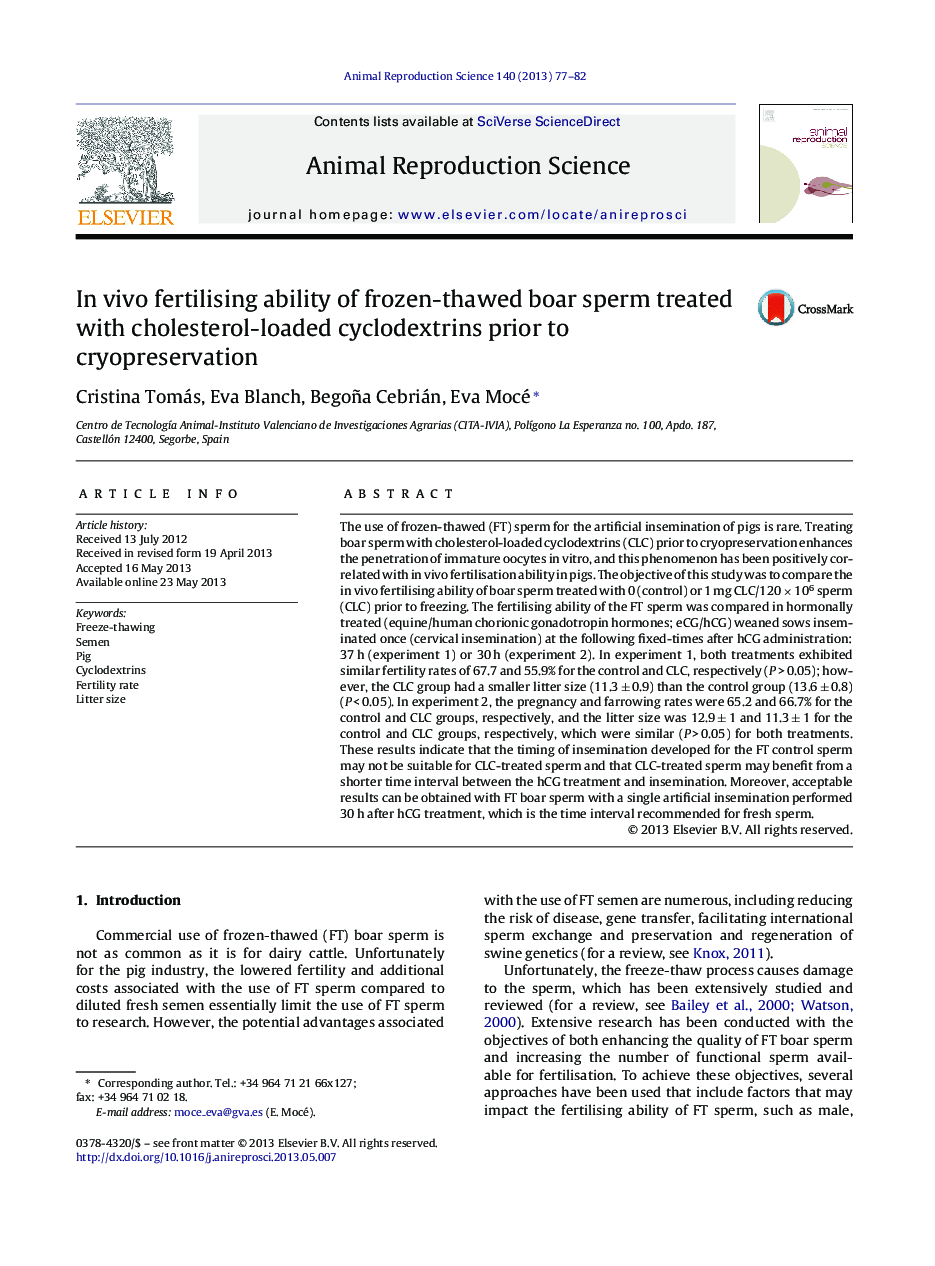 In vivo fertilising ability of frozen-thawed boar sperm treated with cholesterol-loaded cyclodextrins prior to cryopreservation