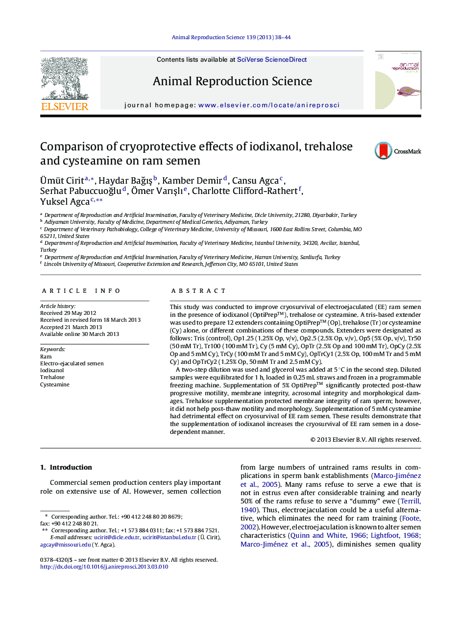 Comparison of cryoprotective effects of iodixanol, trehalose and cysteamine on ram semen