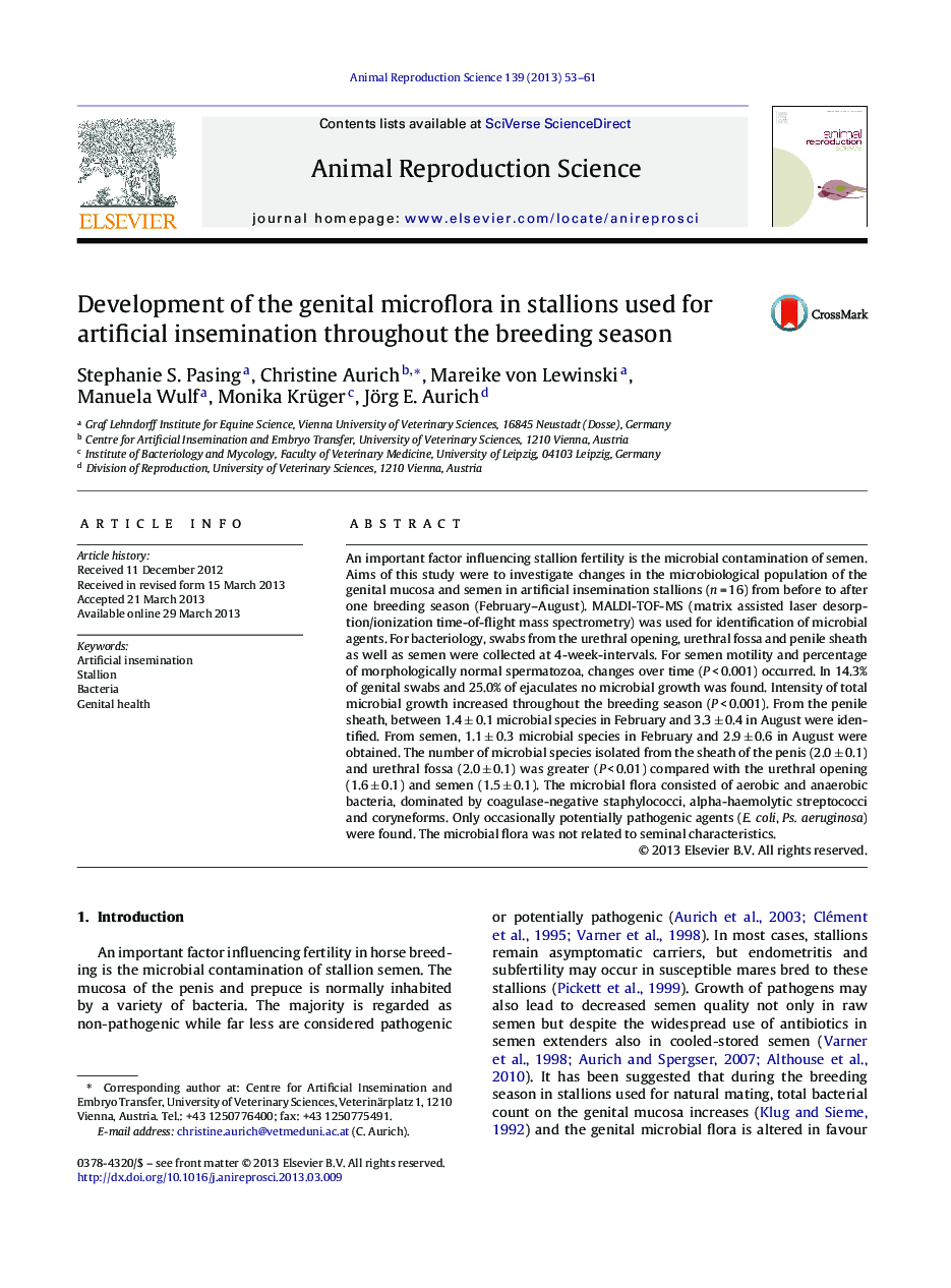 Development of the genital microflora in stallions used for artificial insemination throughout the breeding season