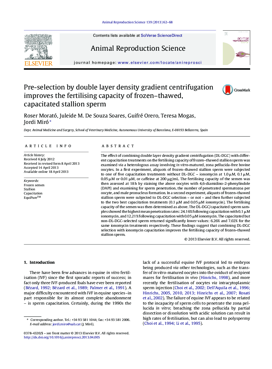 Pre-selection by double layer density gradient centrifugation improves the fertilising capacity of frozen–thawed, capacitated stallion sperm