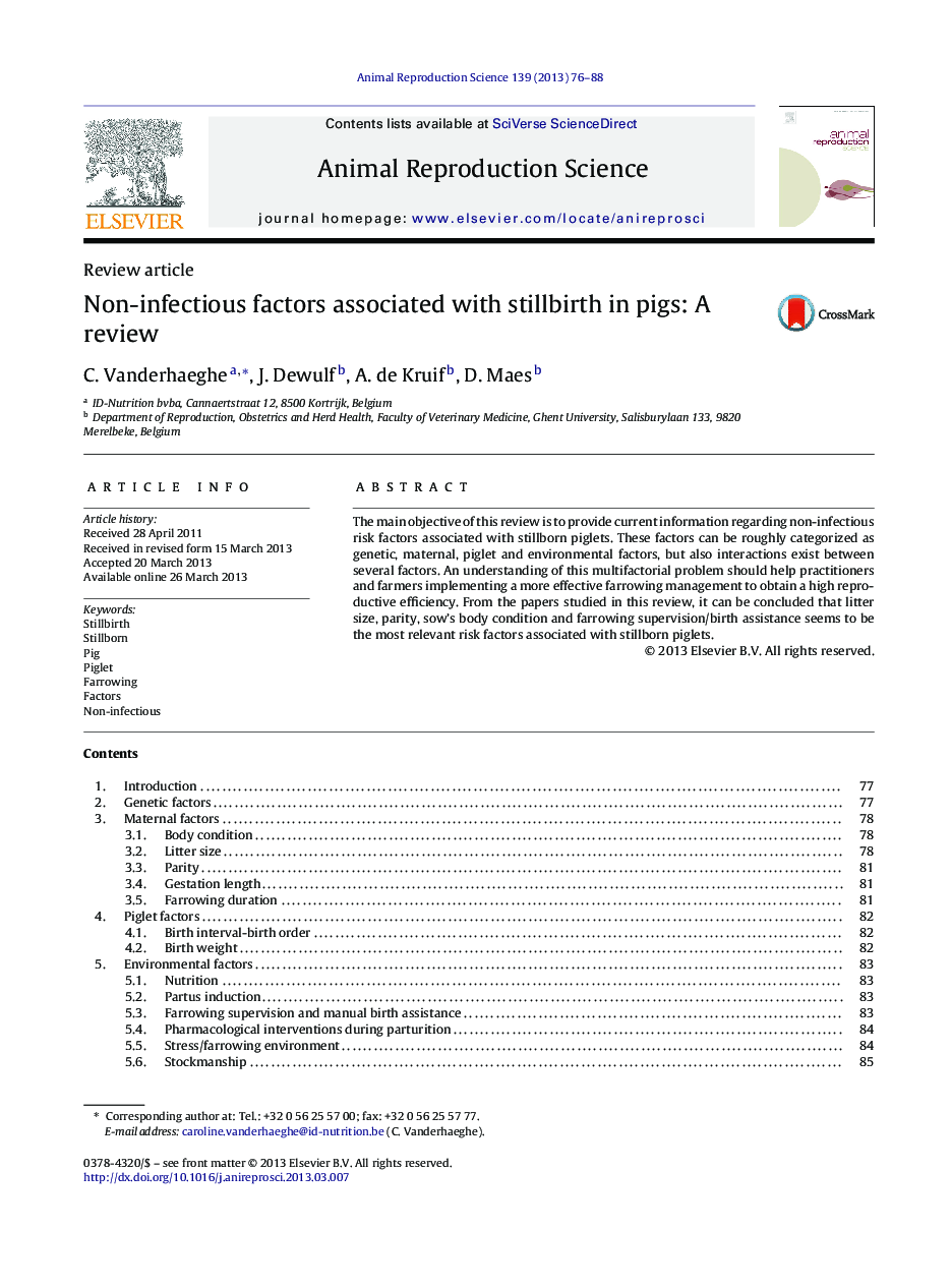 Non-infectious factors associated with stillbirth in pigs: A review