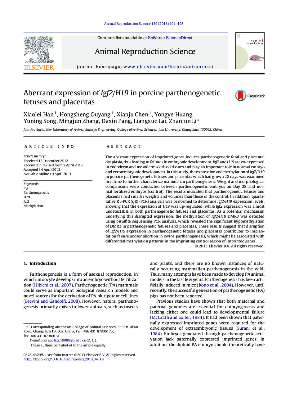 Aberrant expression of Igf2/H19 in porcine parthenogenetic fetuses and placentas