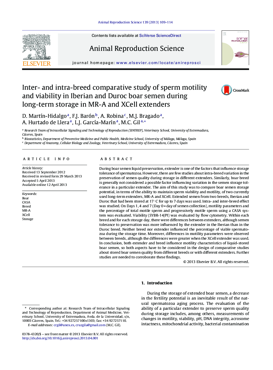 Inter- and intra-breed comparative study of sperm motility and viability in Iberian and Duroc boar semen during long-term storage in MR-A and XCell extenders