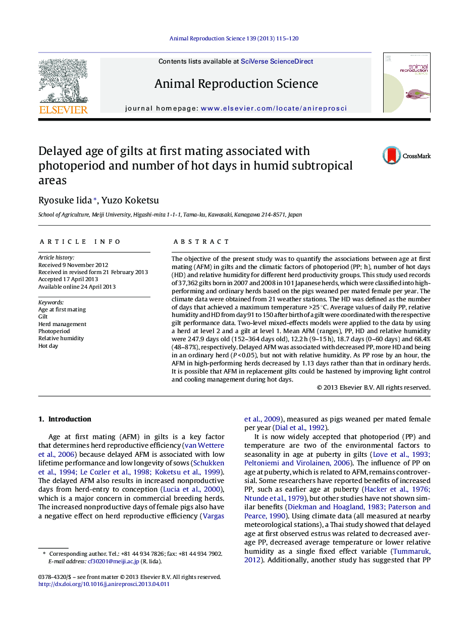 Delayed age of gilts at first mating associated with photoperiod and number of hot days in humid subtropical areas