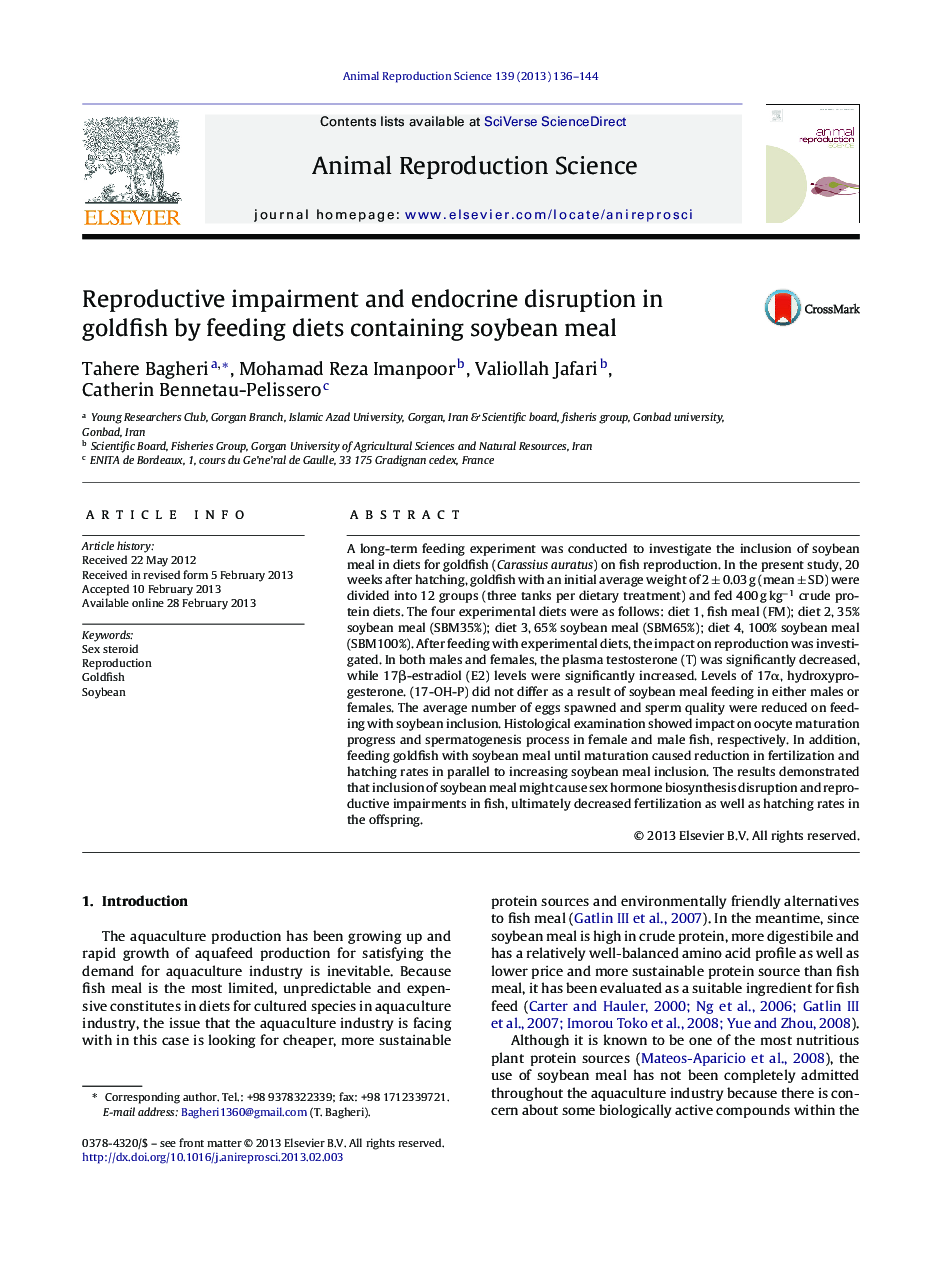 Reproductive impairment and endocrine disruption in goldfish by feeding diets containing soybean meal