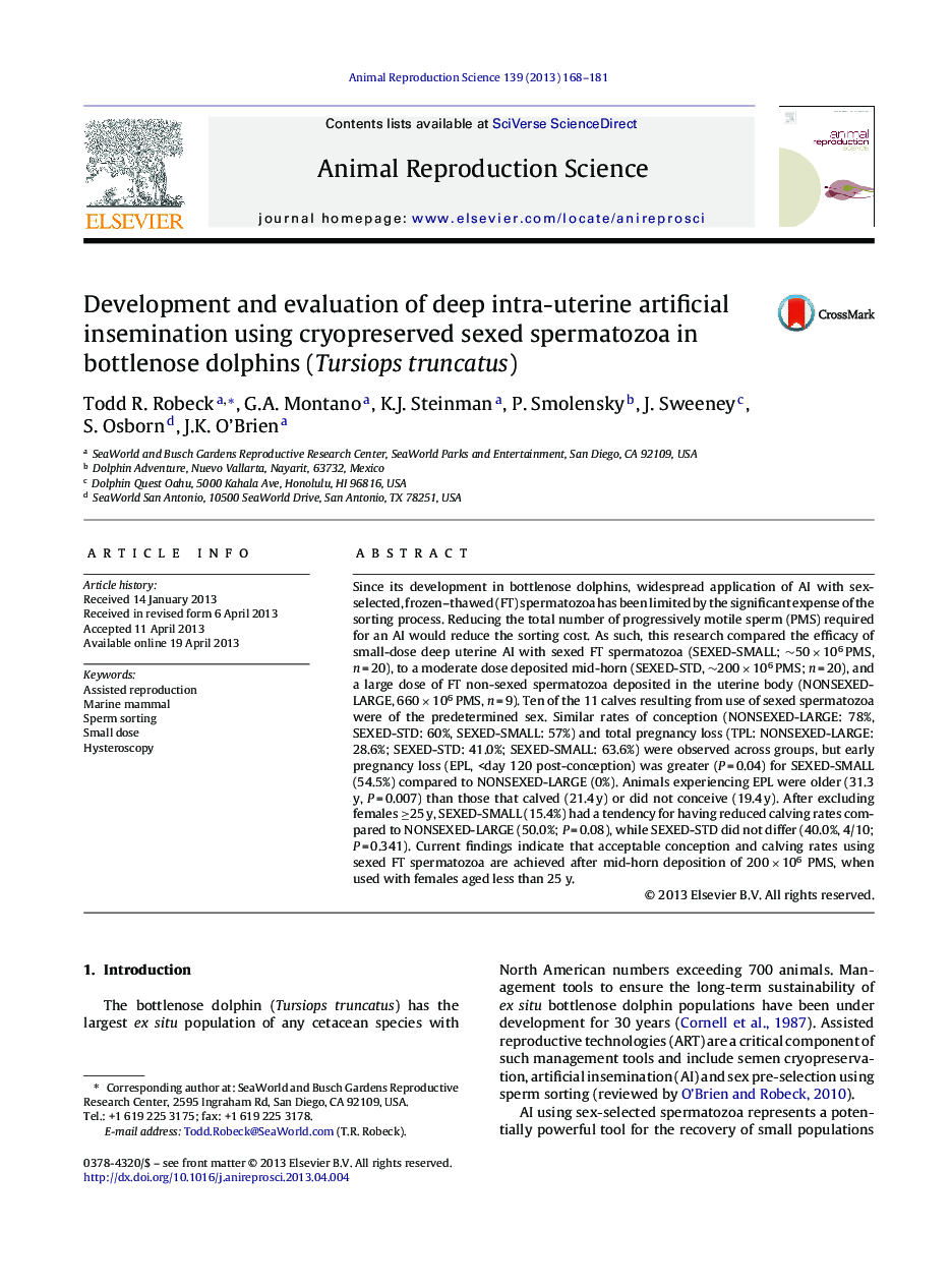 Development and evaluation of deep intra-uterine artificial insemination using cryopreserved sexed spermatozoa in bottlenose dolphins (Tursiops truncatus)