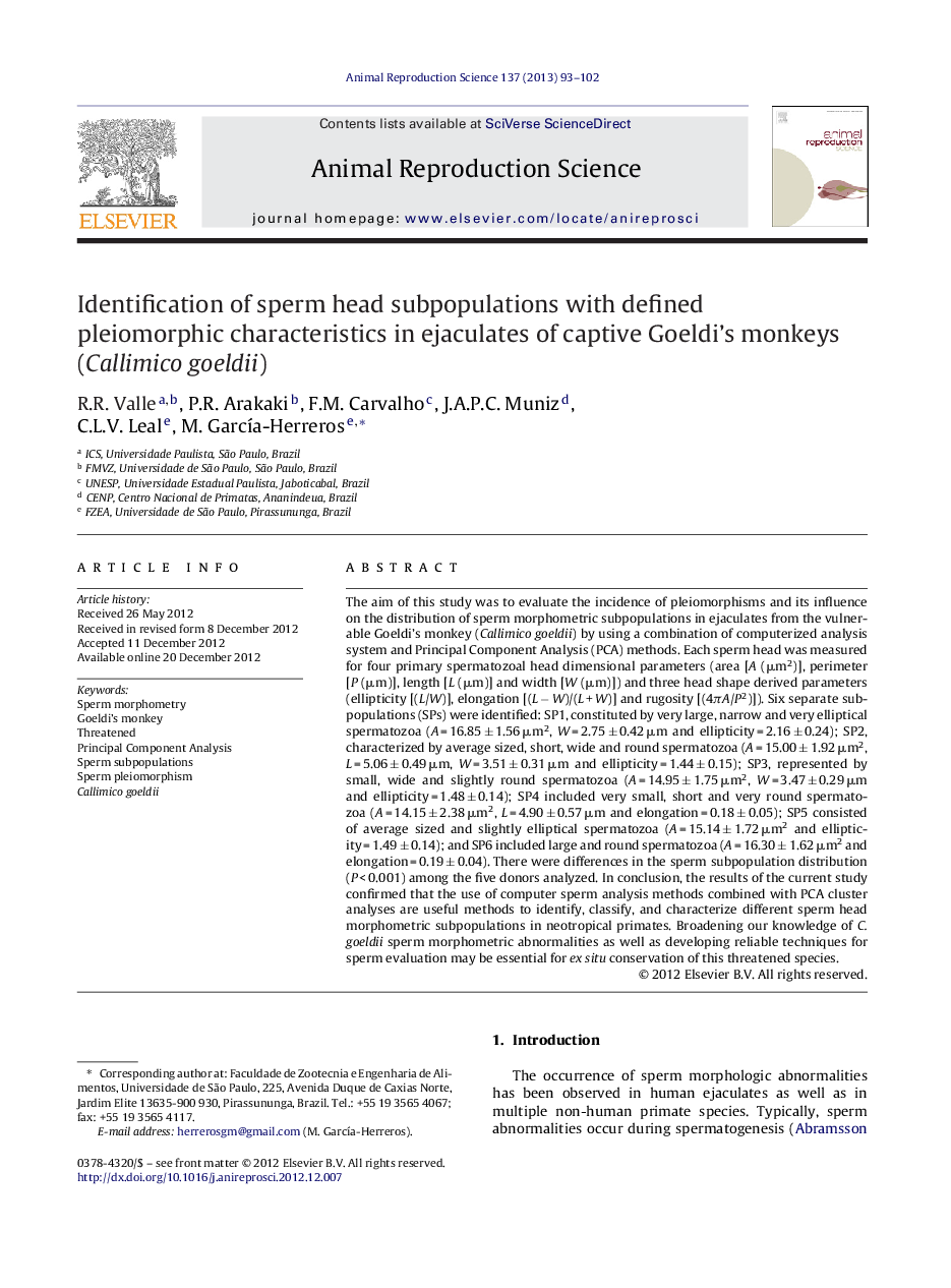 Identification of sperm head subpopulations with defined pleiomorphic characteristics in ejaculates of captive Goeldi's monkeys (Callimico goeldii)