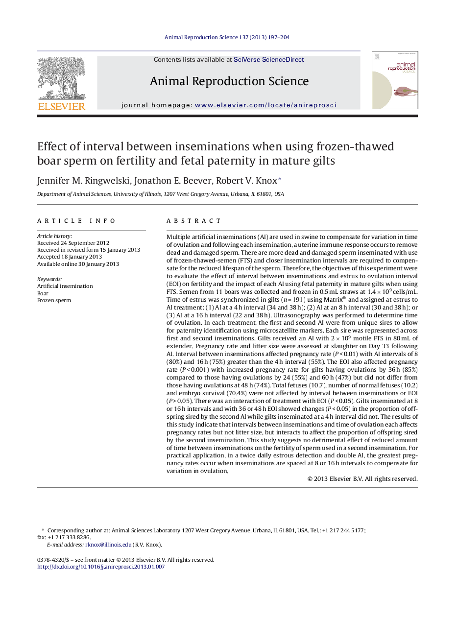 Effect of interval between inseminations when using frozen-thawed boar sperm on fertility and fetal paternity in mature gilts