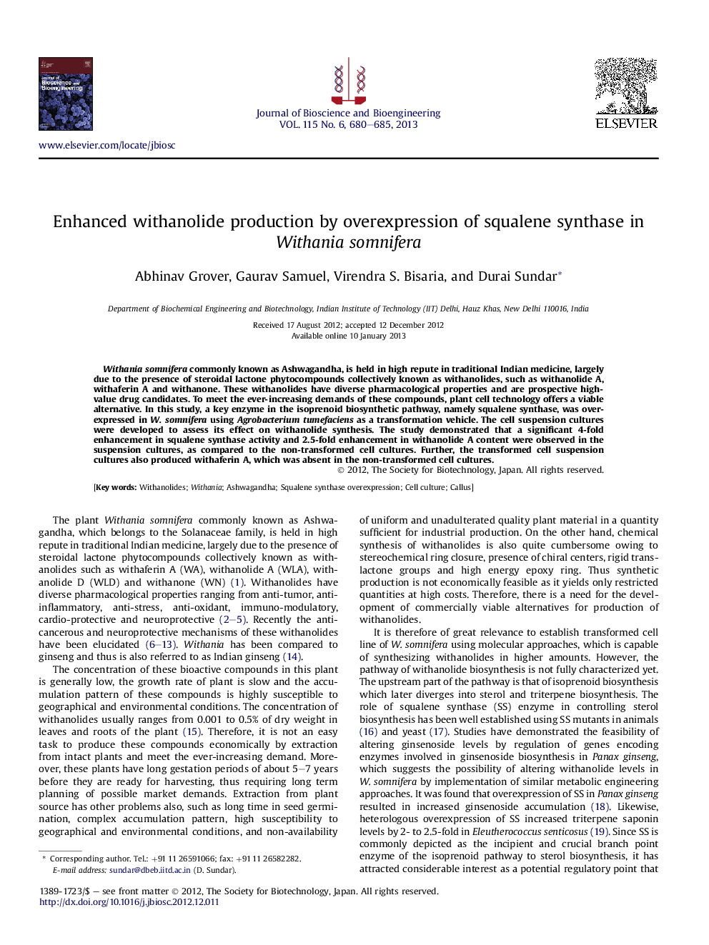 Enhanced withanolide production by overexpression of squalene synthase in Withania somnifera