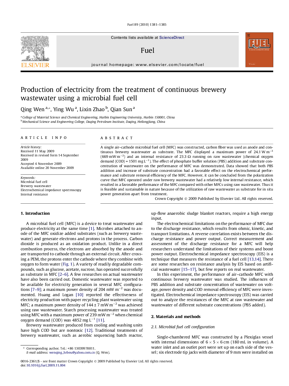 Production of electricity from the treatment of continuous brewery wastewater using a microbial fuel cell