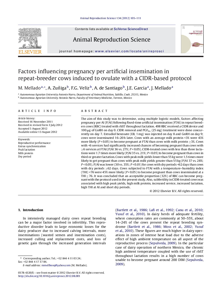 Factors influencing pregnancy per artificial insemination in repeat-breeder cows induced to ovulate with a CIDR-based protocol